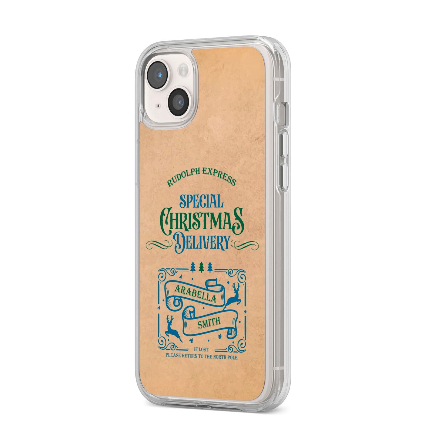 Special Christmas Delivery Personalised iPhone 14 Plus Clear Tough Case Starlight Angled Image