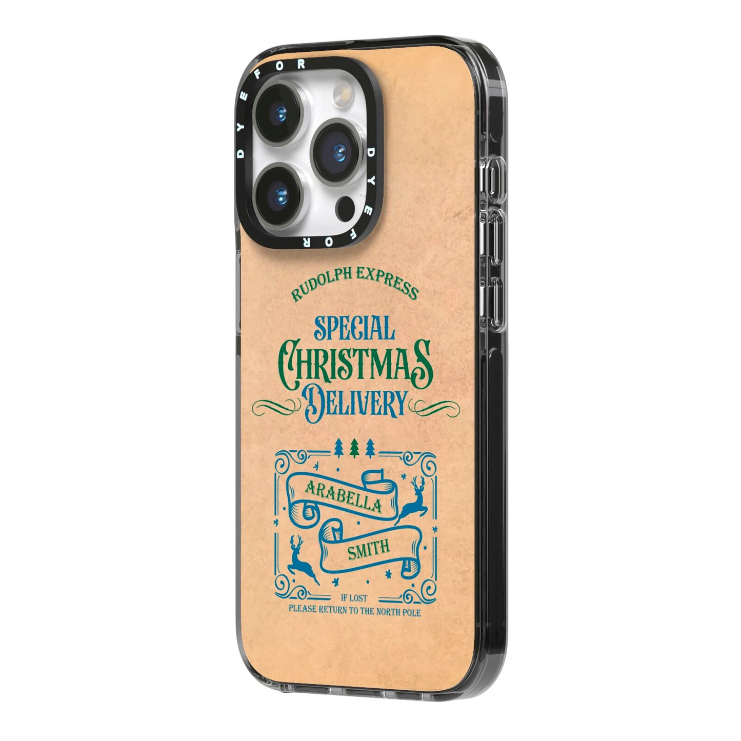 Special Christmas Delivery Personalised iPhone 14 Pro Black Impact Case Side Angle on Silver phone