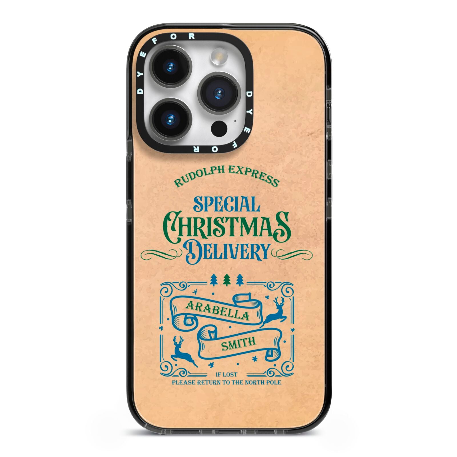 Special Christmas Delivery Personalised iPhone 14 Pro Black Impact Case on Silver phone