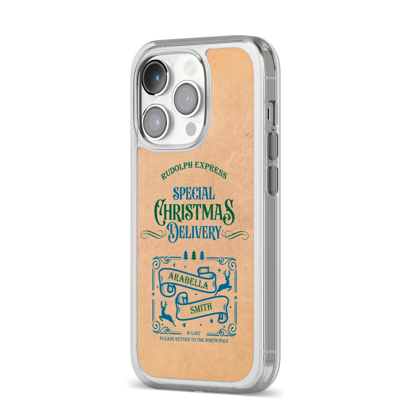 Special Christmas Delivery Personalised iPhone 14 Pro Clear Tough Case Silver Angled Image