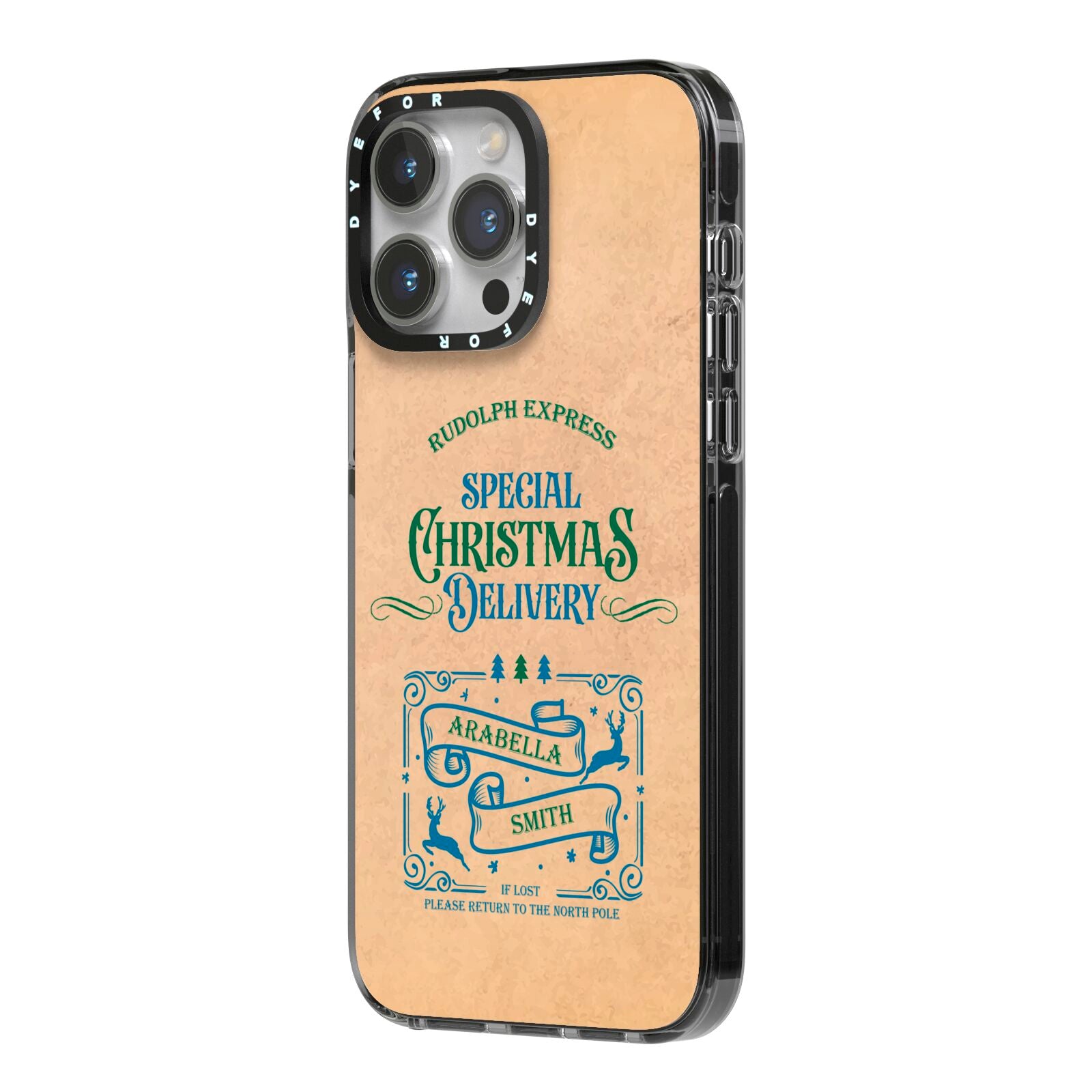 Special Christmas Delivery Personalised iPhone 14 Pro Max Black Impact Case Side Angle on Silver phone