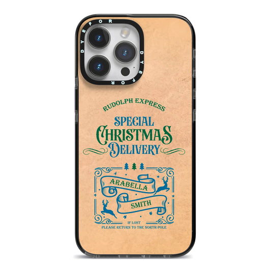 Special Christmas Delivery Personalised iPhone 14 Pro Max Black Impact Case on Silver phone