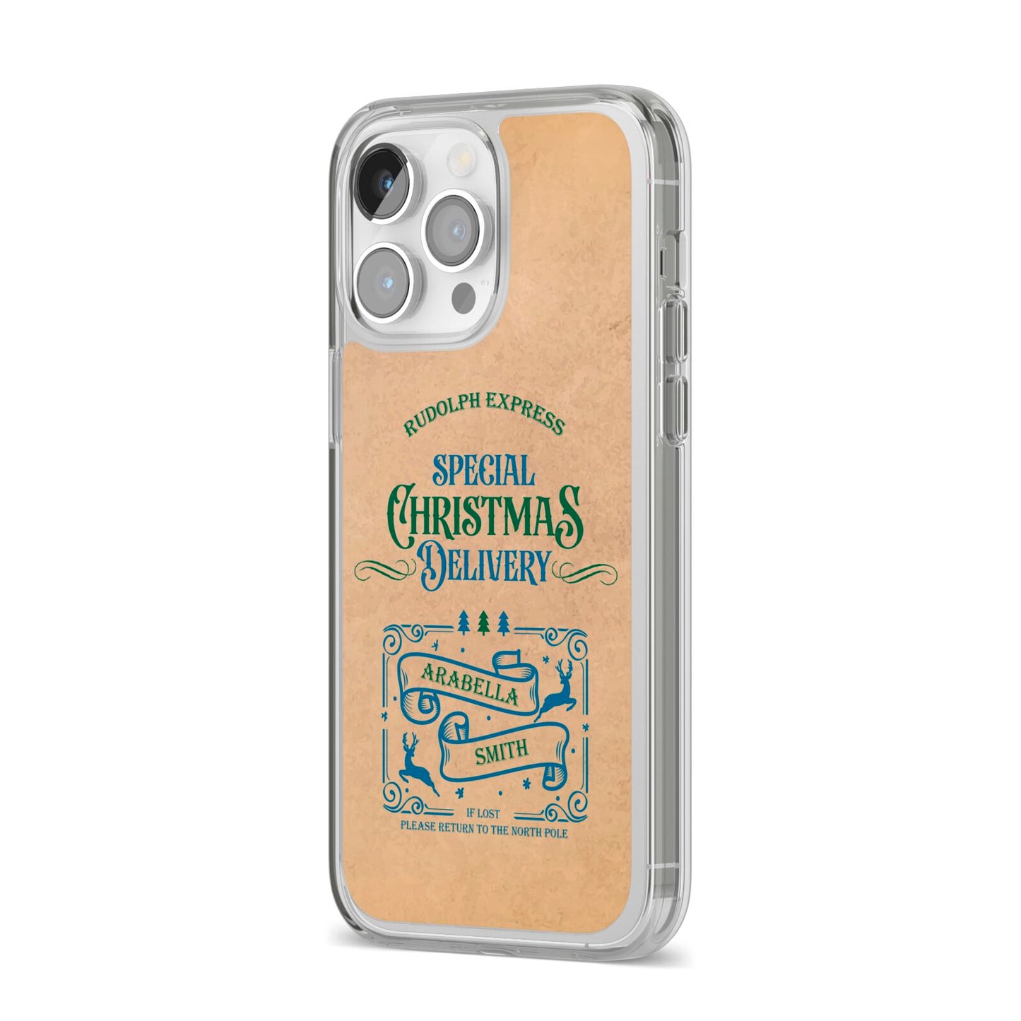 Special Christmas Delivery Personalised iPhone 14 Pro Max Clear Tough Case Silver Angled Image