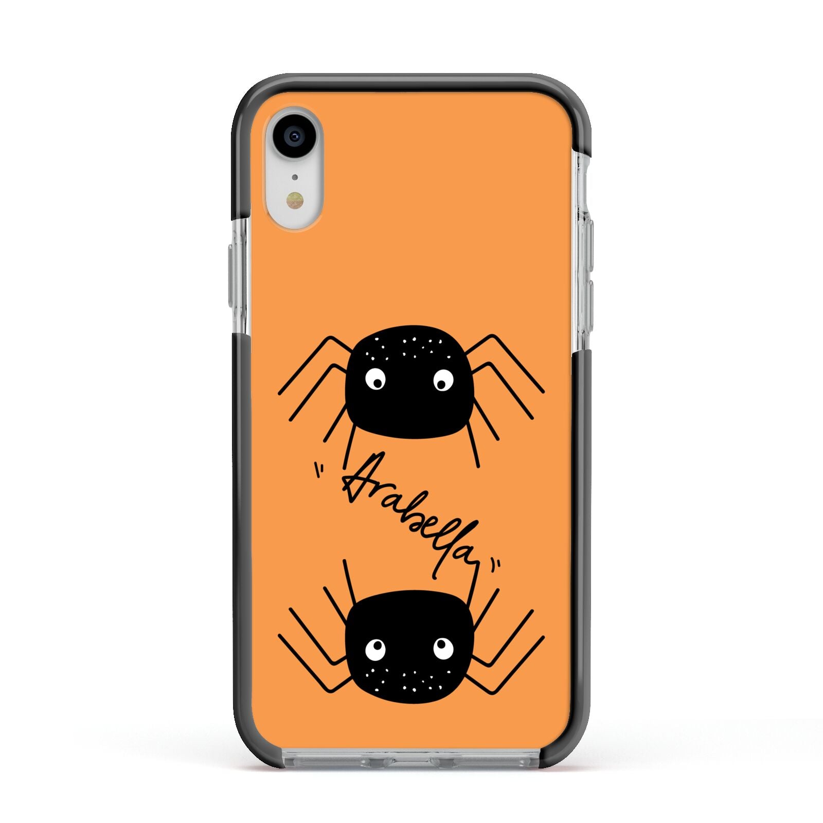 Spider Orange Personalised Apple iPhone XR Impact Case Black Edge on Silver Phone