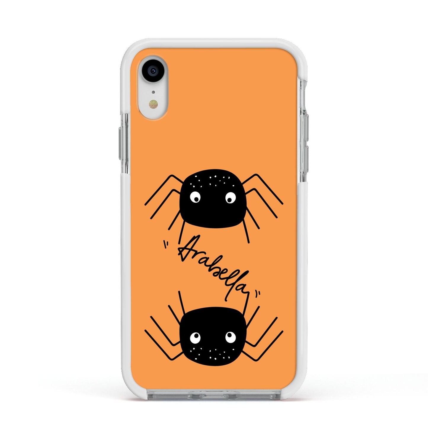 Spider Orange Personalised Apple iPhone XR Impact Case White Edge on Silver Phone