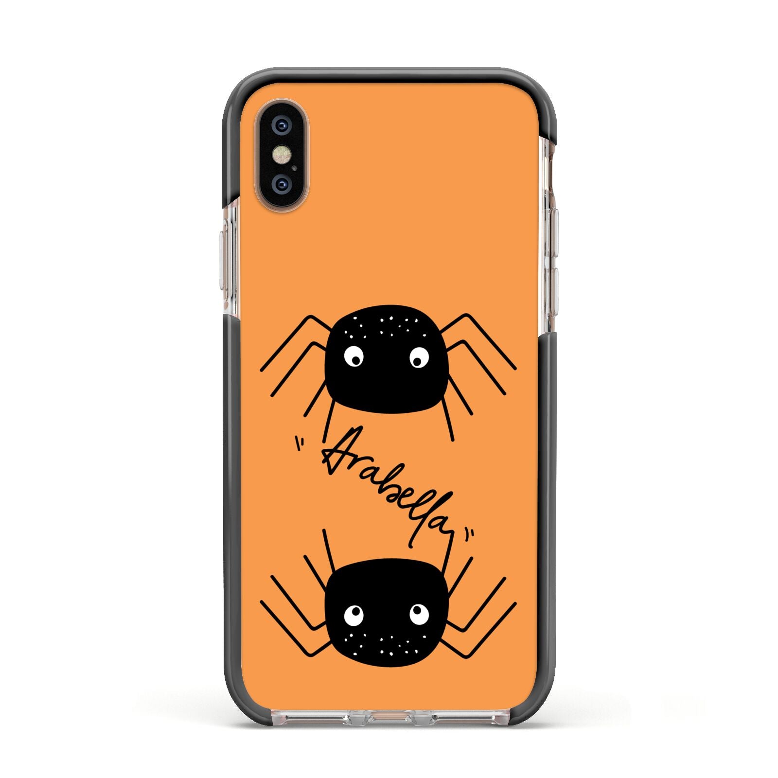 Spider Orange Personalised Apple iPhone Xs Impact Case Black Edge on Gold Phone