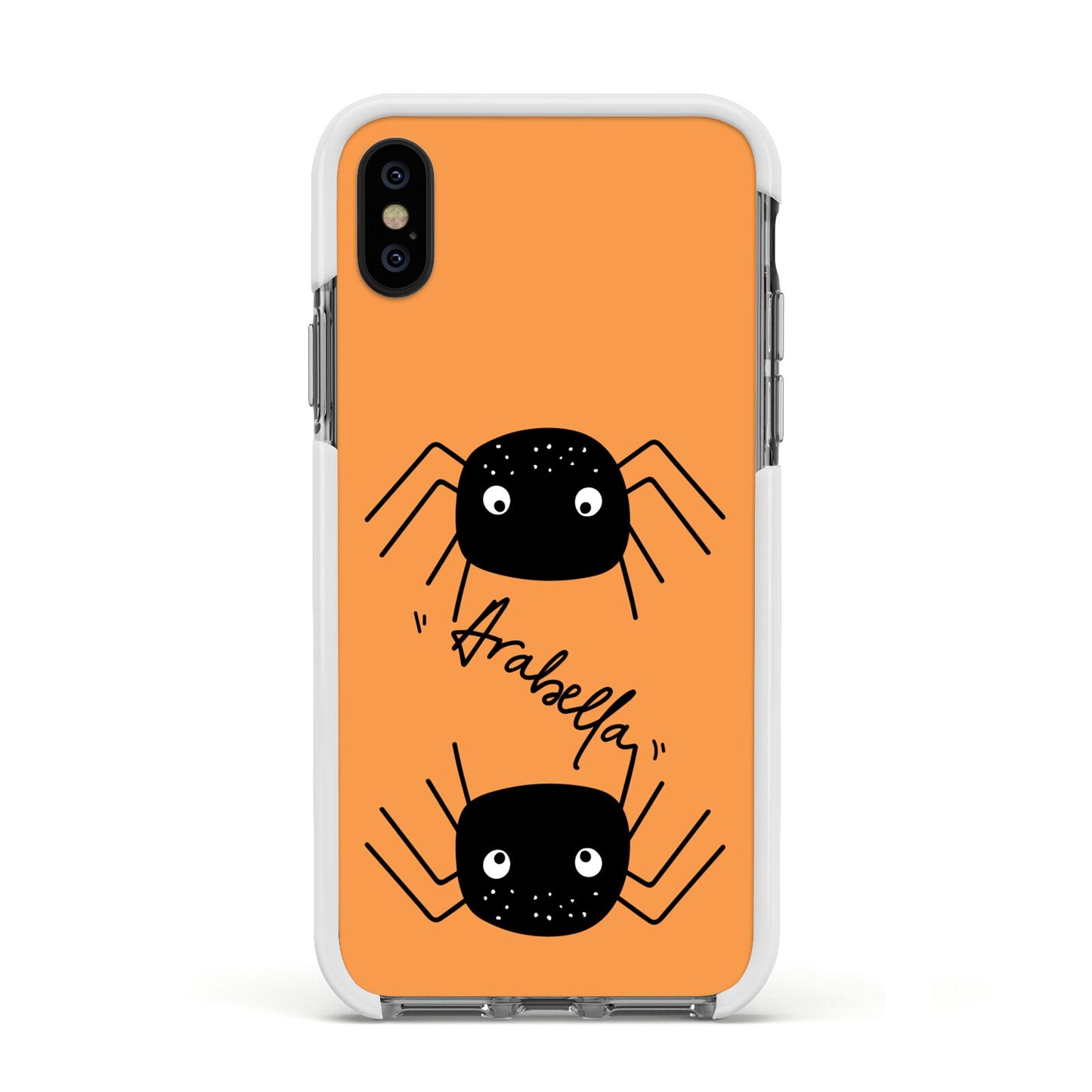 Spider Orange Personalised Apple iPhone Xs Impact Case White Edge on Black Phone