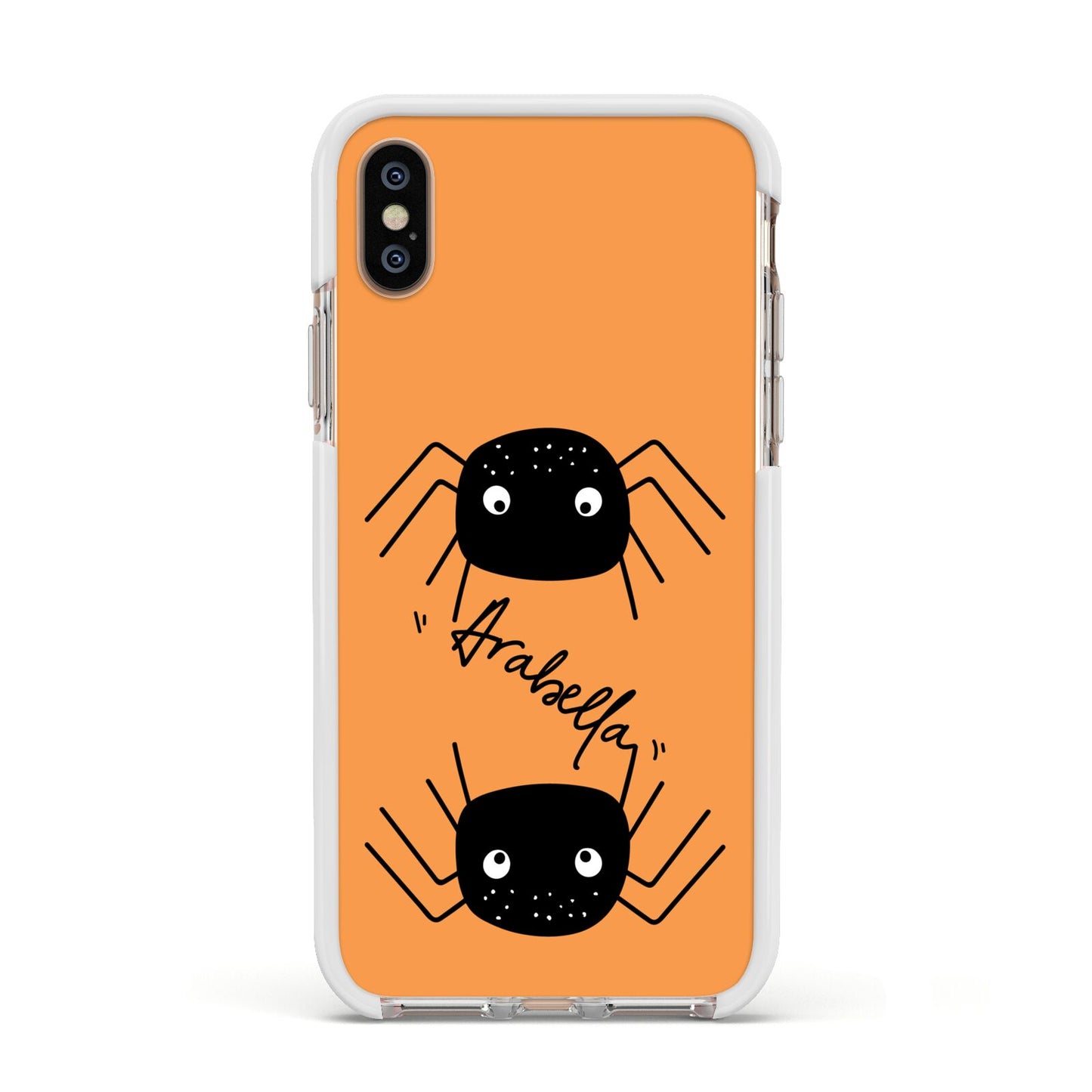 Spider Orange Personalised Apple iPhone Xs Impact Case White Edge on Gold Phone