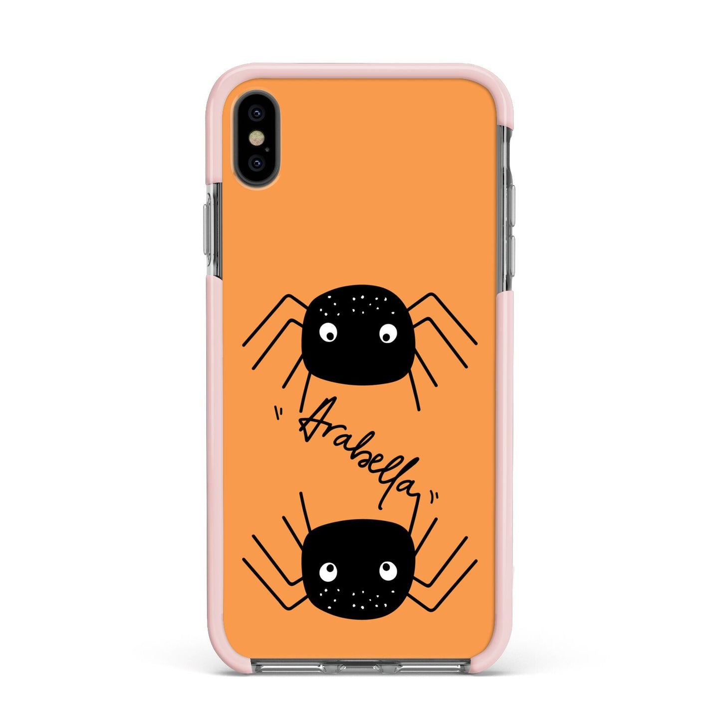 Spider Orange Personalised Apple iPhone Xs Max Impact Case Pink Edge on Black Phone