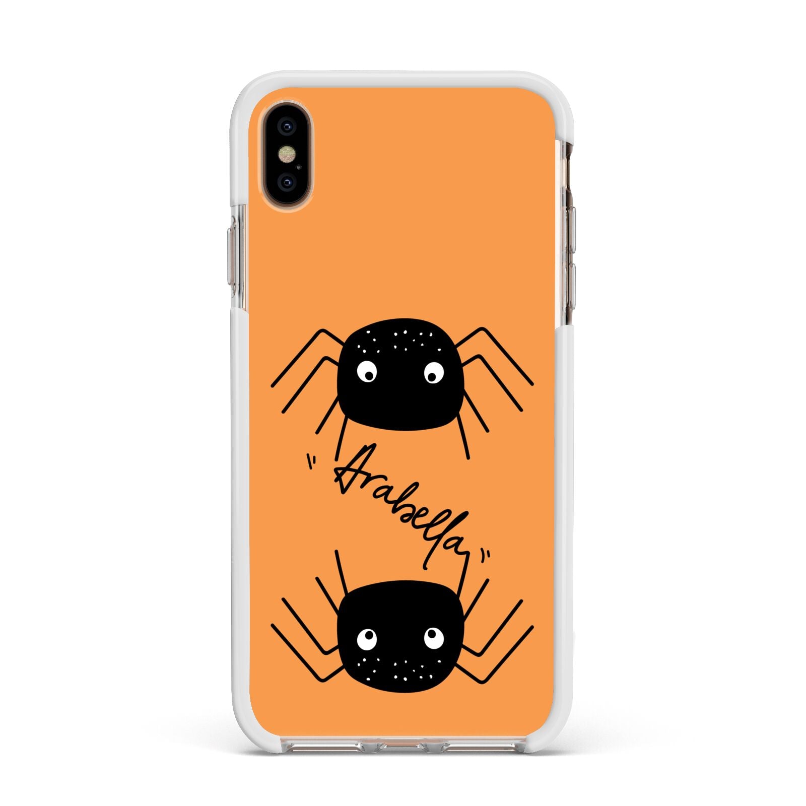 Spider Orange Personalised Apple iPhone Xs Max Impact Case White Edge on Gold Phone