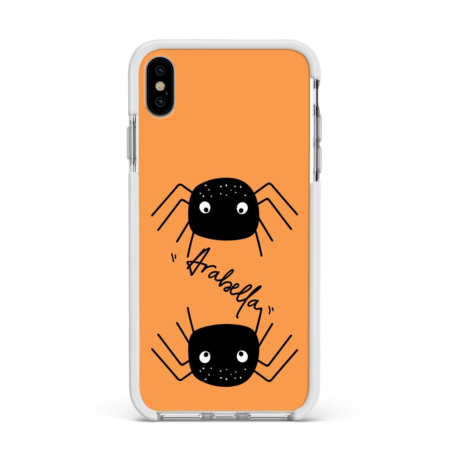 Spider Orange Personalised Apple iPhone Xs Max Impact Case White Edge on Silver Phone