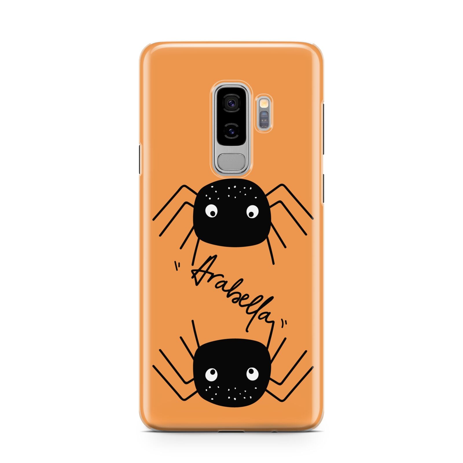 Spider Orange Personalised Samsung Galaxy S9 Plus Case on Silver phone