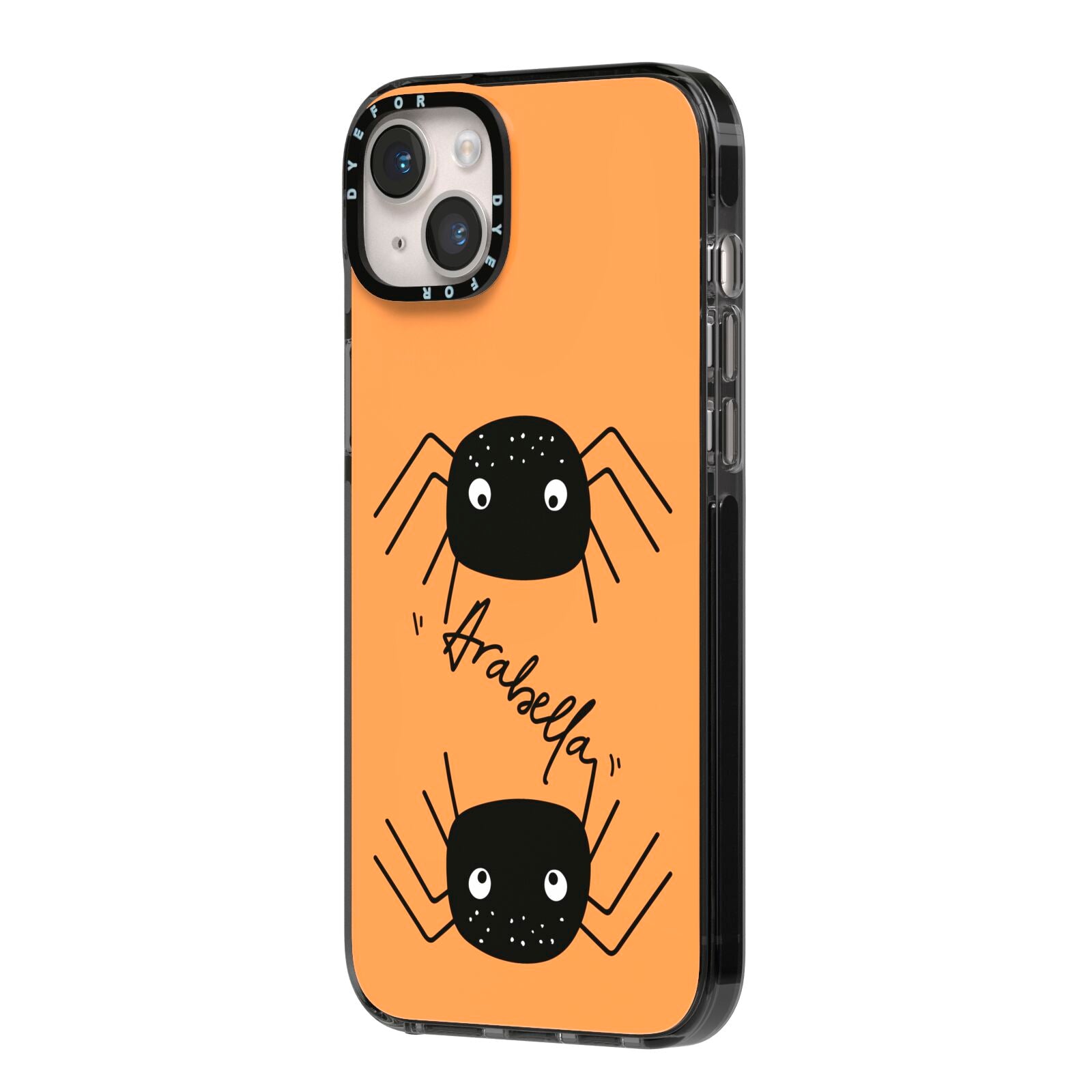 Spider Orange Personalised iPhone 14 Plus Black Impact Case Side Angle on Silver phone