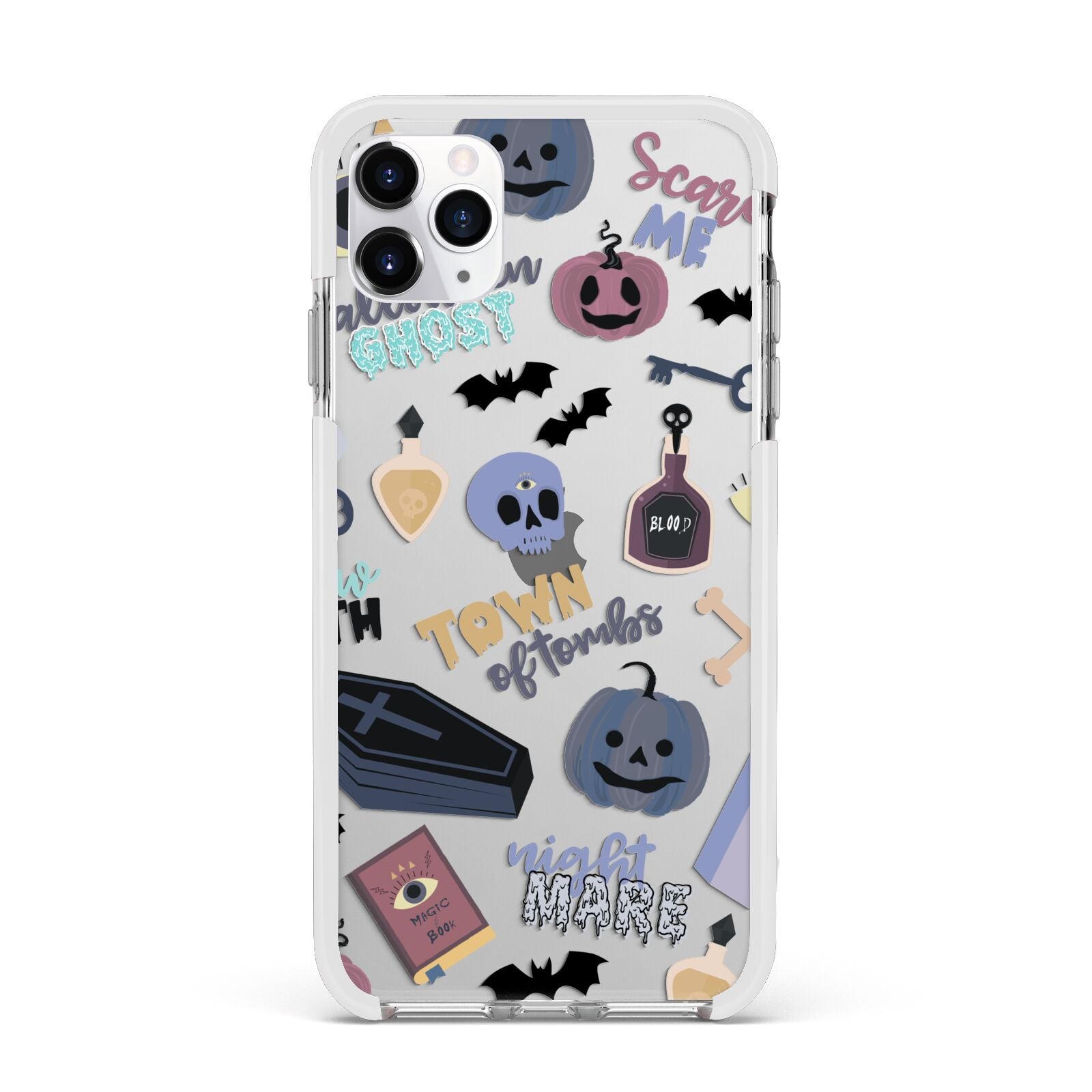 Spooky Blue Illustrations and Catchphrases Apple iPhone 11 Pro Max in Silver with White Impact Case