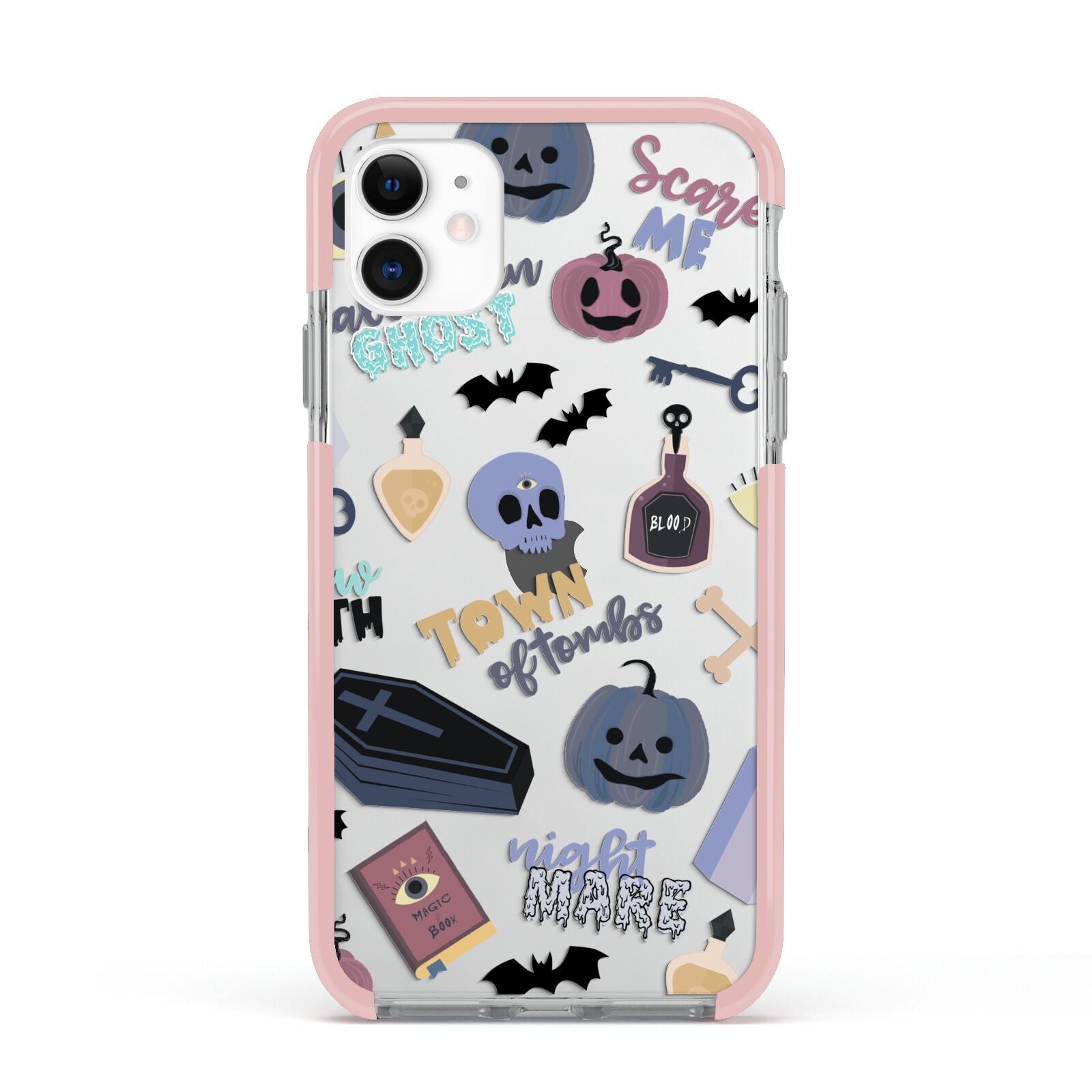 Spooky Blue Illustrations and Catchphrases Apple iPhone 11 in White with Pink Impact Case