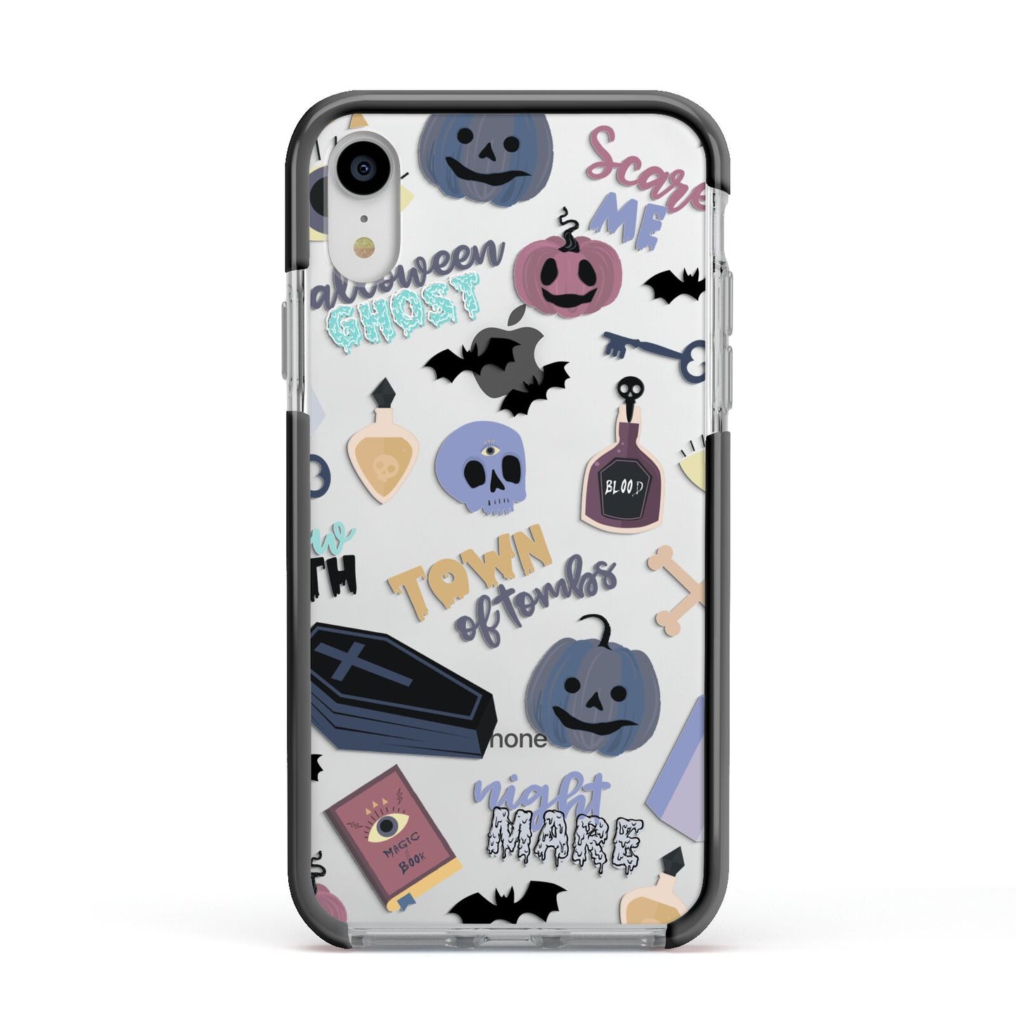 Spooky Blue Illustrations and Catchphrases Apple iPhone XR Impact Case Black Edge on Silver Phone