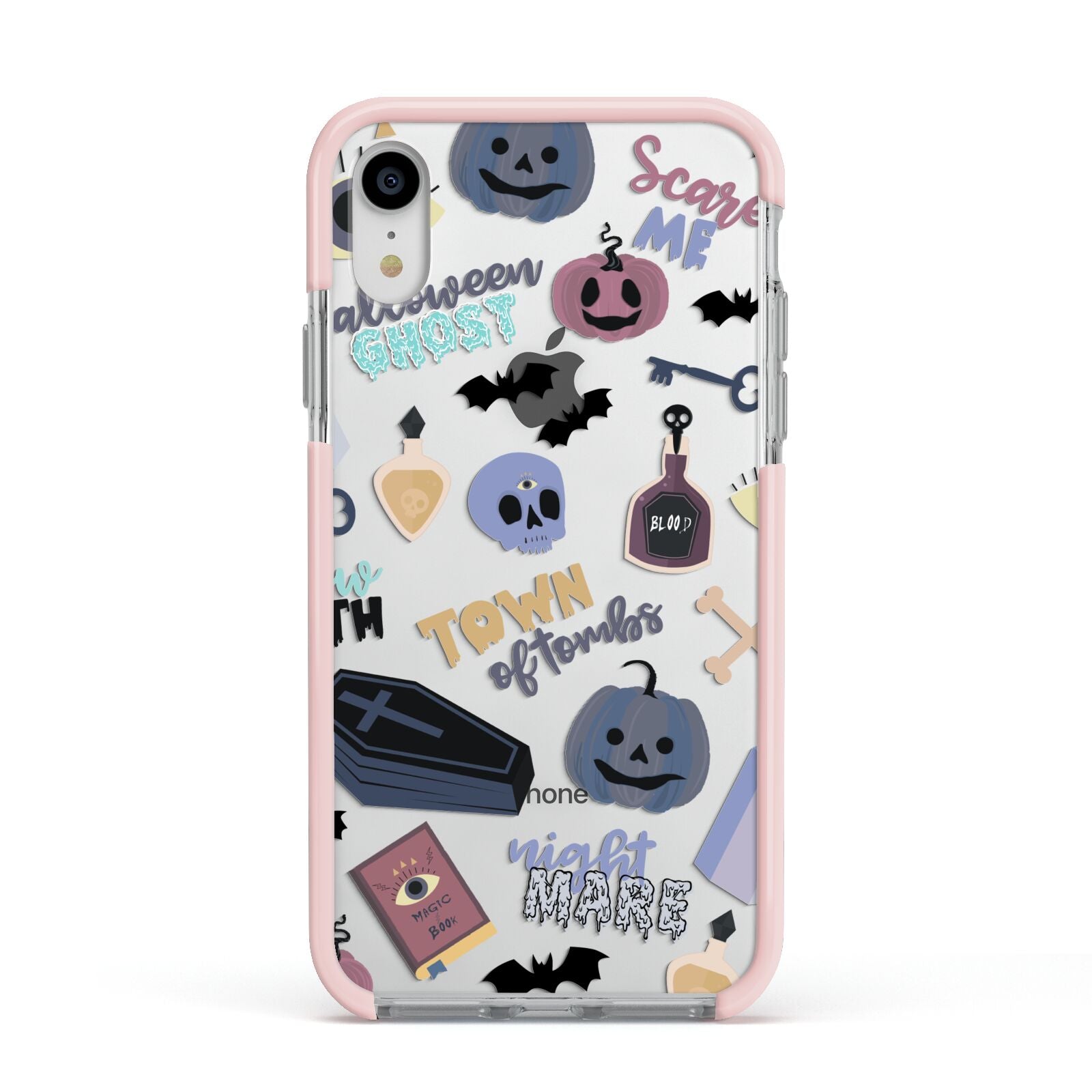 Spooky Blue Illustrations and Catchphrases Apple iPhone XR Impact Case Pink Edge on Silver Phone