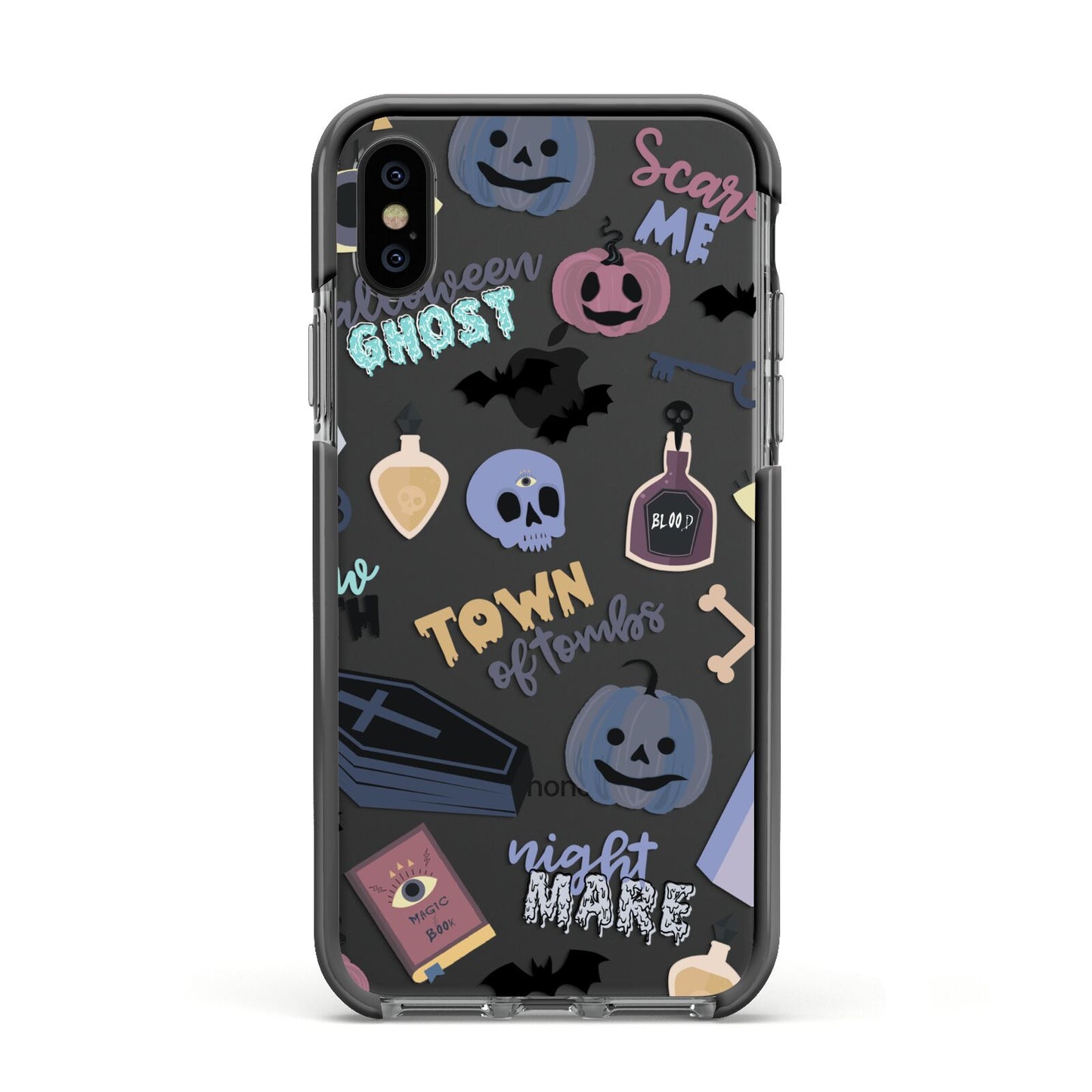 Spooky Blue Illustrations and Catchphrases Apple iPhone Xs Impact Case Black Edge on Black Phone