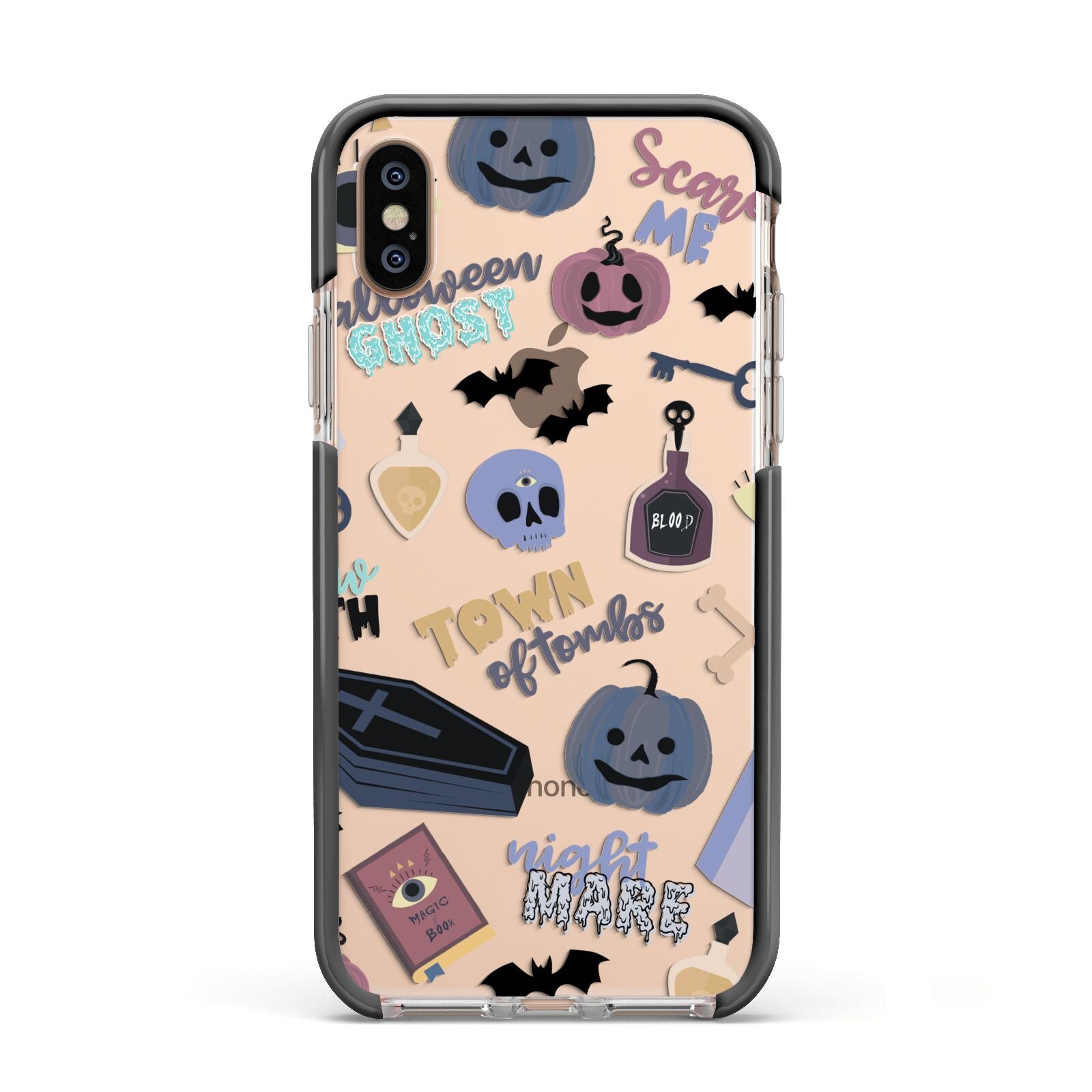 Spooky Blue Illustrations and Catchphrases Apple iPhone Xs Impact Case Black Edge on Gold Phone