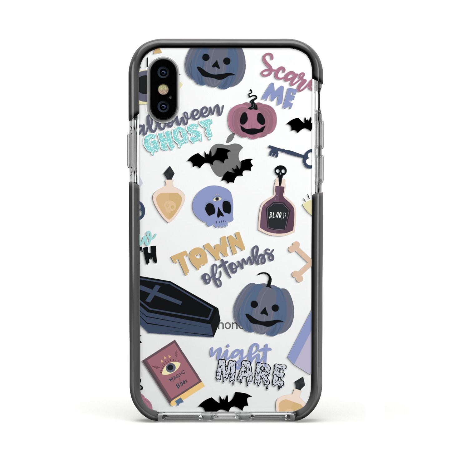 Spooky Blue Illustrations and Catchphrases Apple iPhone Xs Impact Case Black Edge on Silver Phone