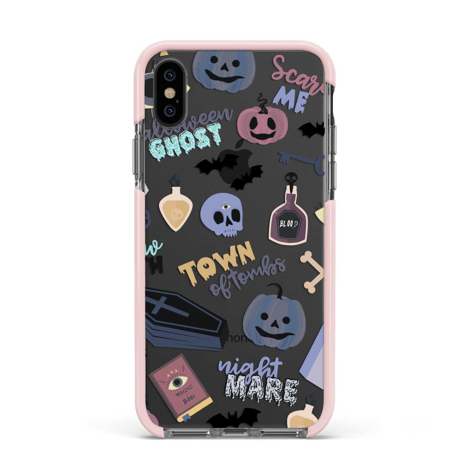 Spooky Blue Illustrations and Catchphrases Apple iPhone Xs Impact Case Pink Edge on Black Phone