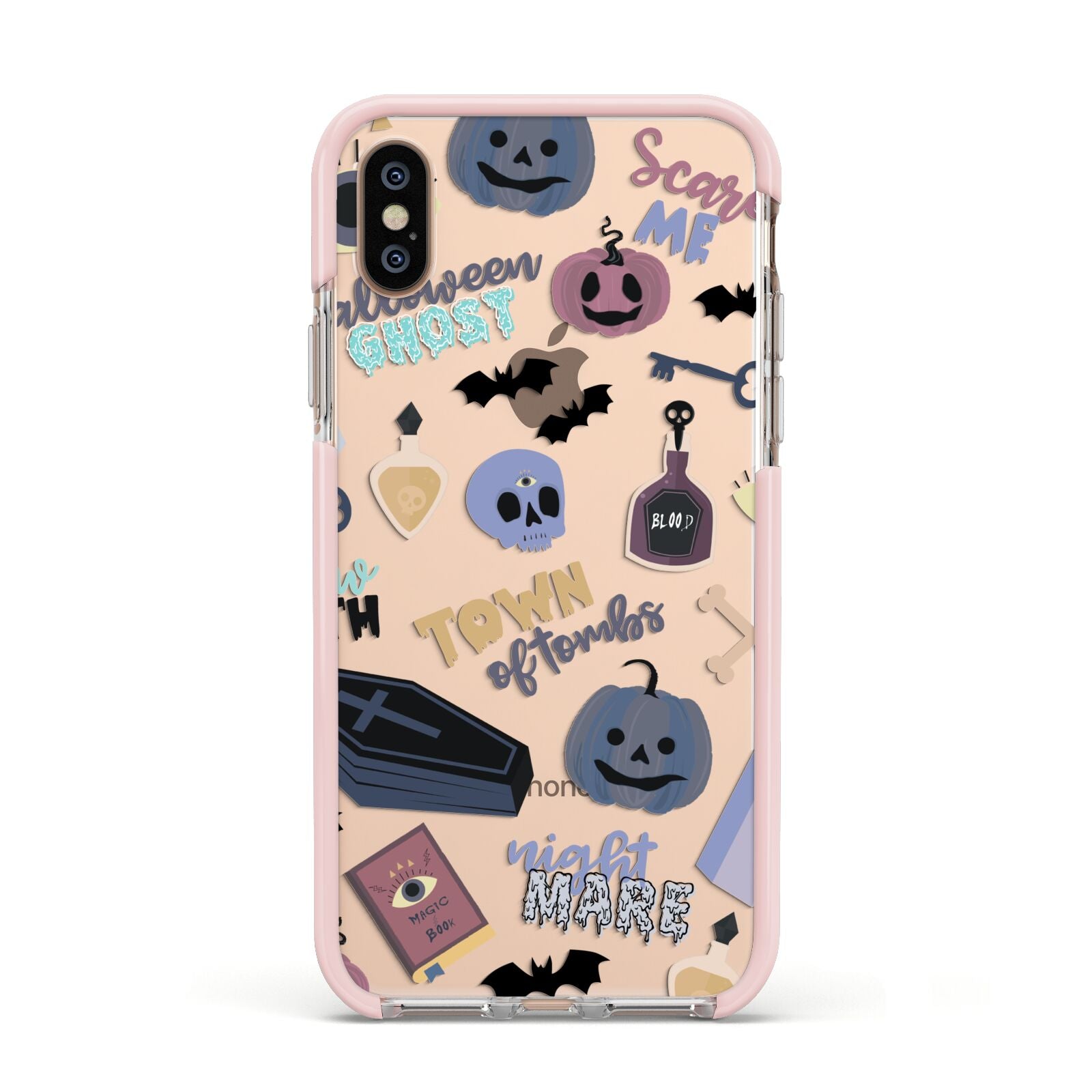 Spooky Blue Illustrations and Catchphrases Apple iPhone Xs Impact Case Pink Edge on Gold Phone