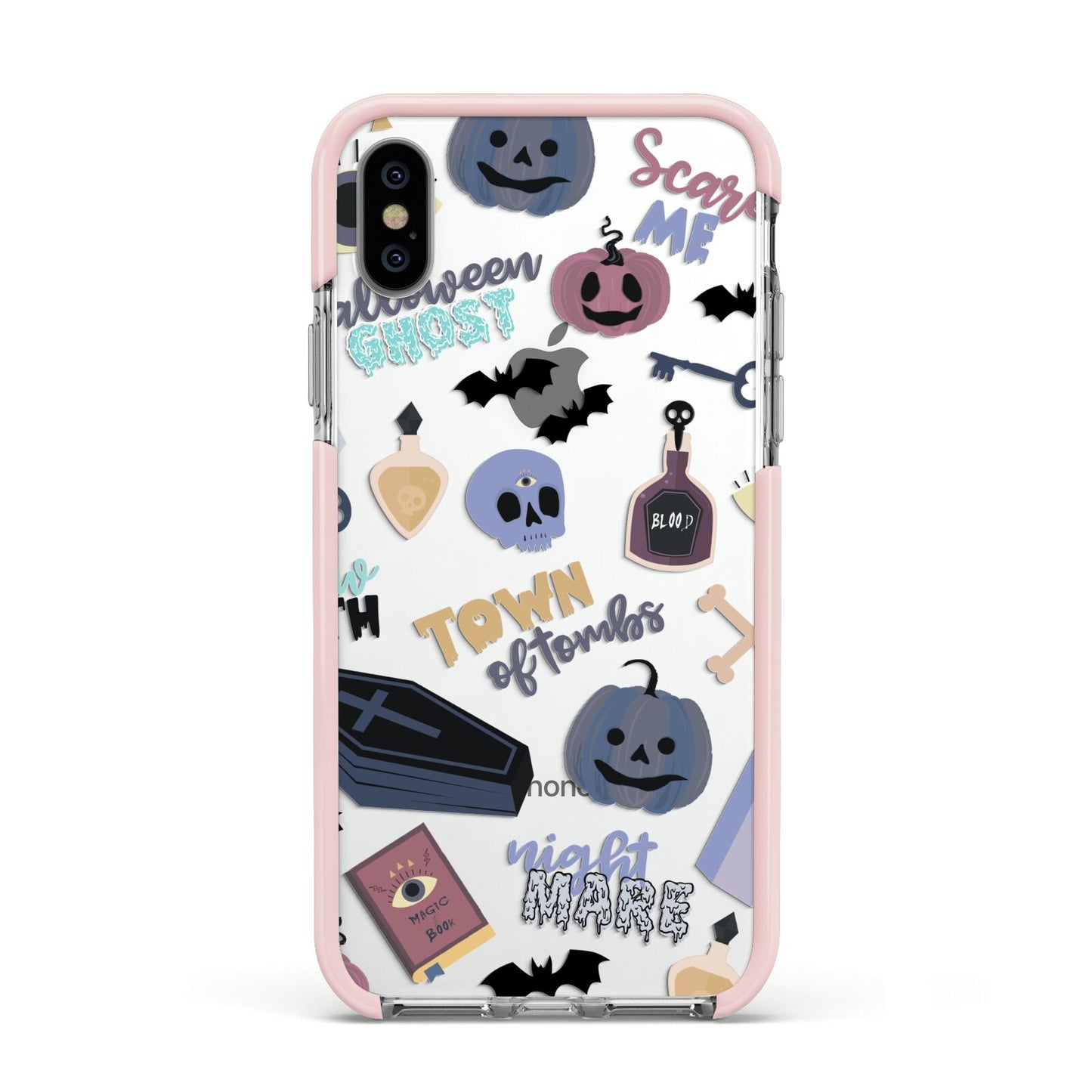 Spooky Blue Illustrations and Catchphrases Apple iPhone Xs Impact Case Pink Edge on Silver Phone