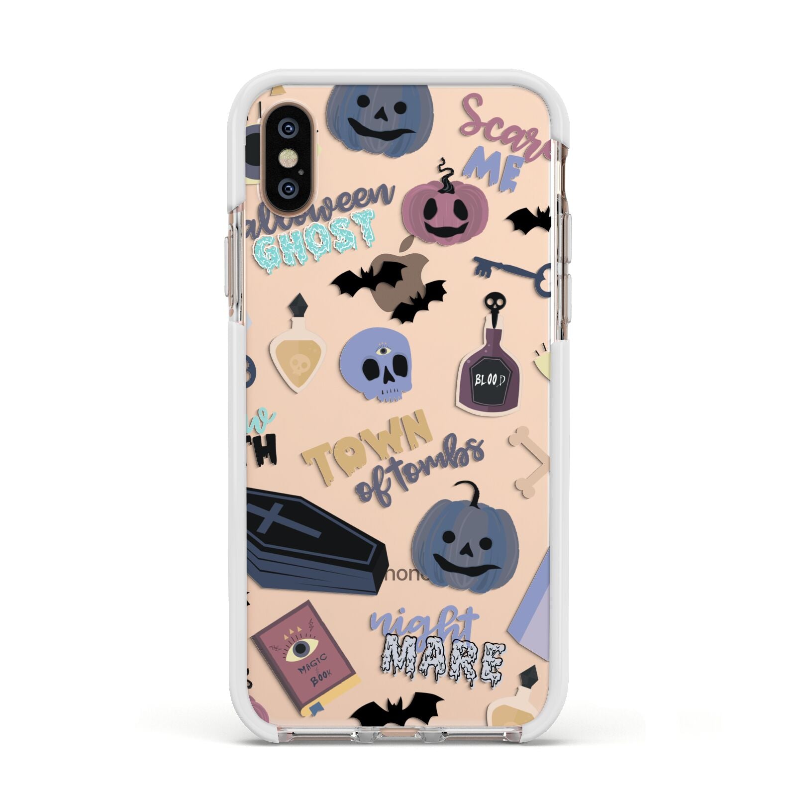 Spooky Blue Illustrations and Catchphrases Apple iPhone Xs Impact Case White Edge on Gold Phone