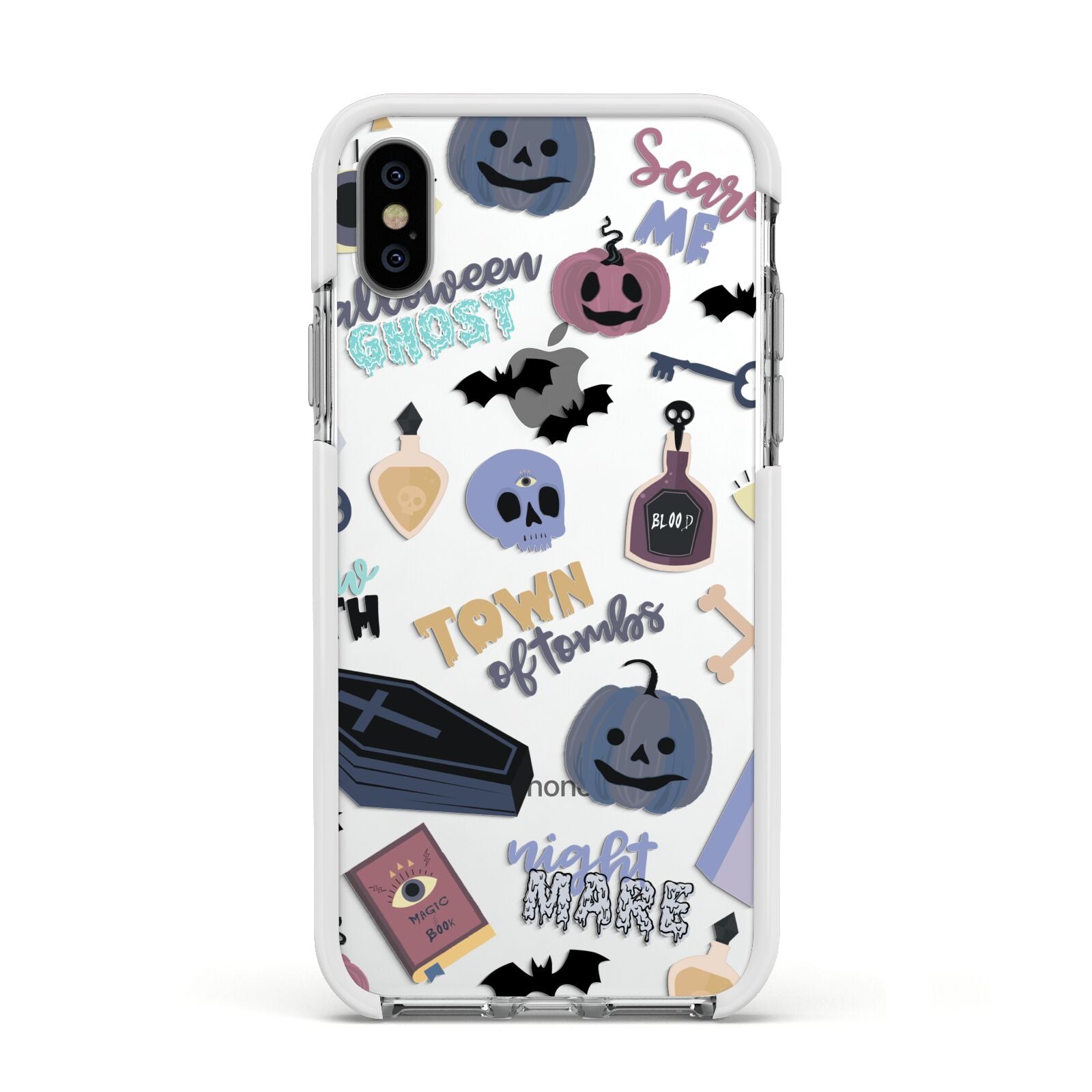 Spooky Blue Illustrations and Catchphrases Apple iPhone Xs Impact Case White Edge on Silver Phone