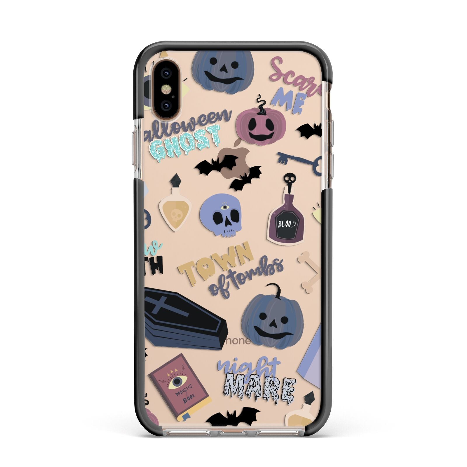 Spooky Blue Illustrations and Catchphrases Apple iPhone Xs Max Impact Case Black Edge on Gold Phone