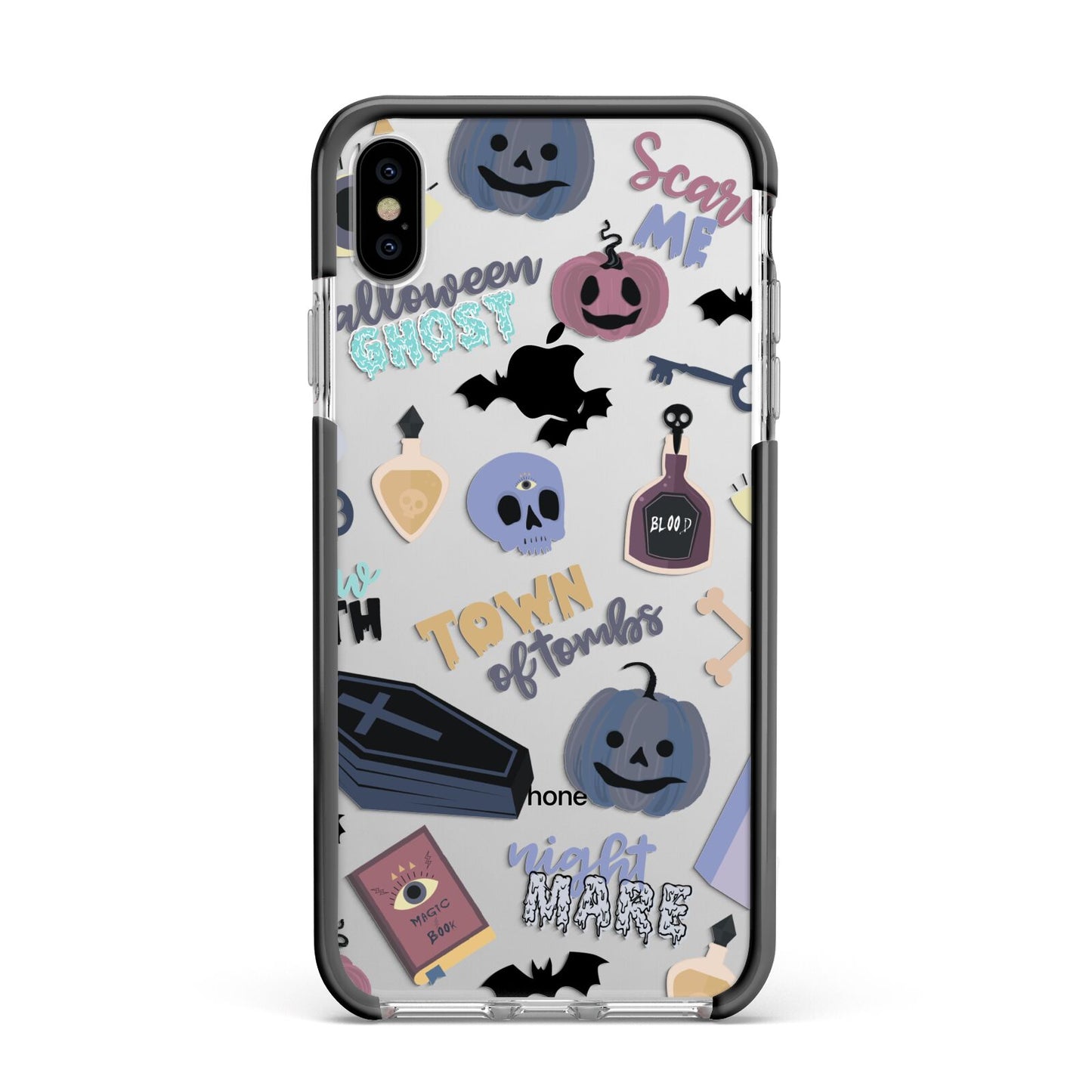 Spooky Blue Illustrations and Catchphrases Apple iPhone Xs Max Impact Case Black Edge on Silver Phone