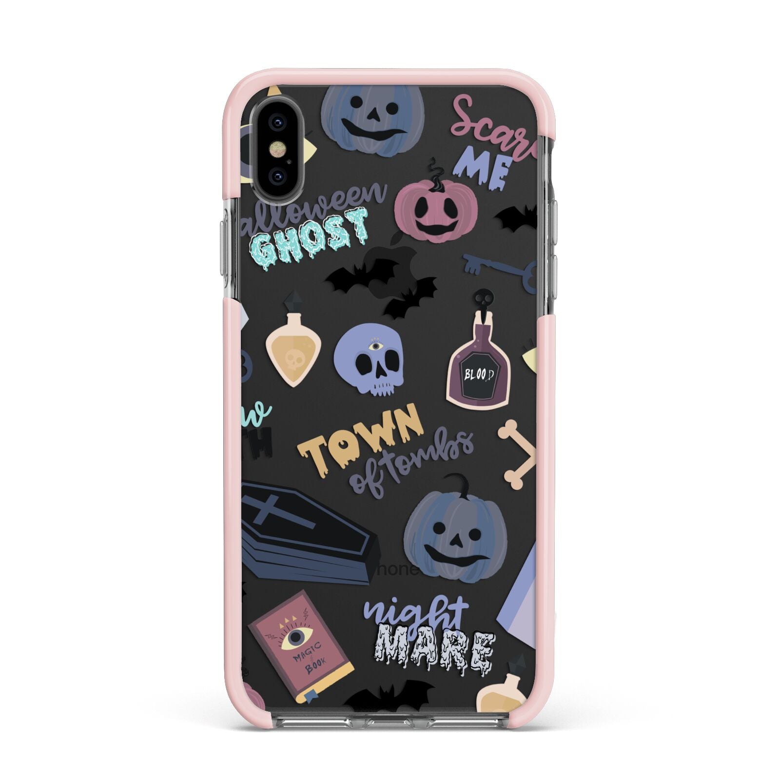 Spooky Blue Illustrations and Catchphrases Apple iPhone Xs Max Impact Case Pink Edge on Black Phone