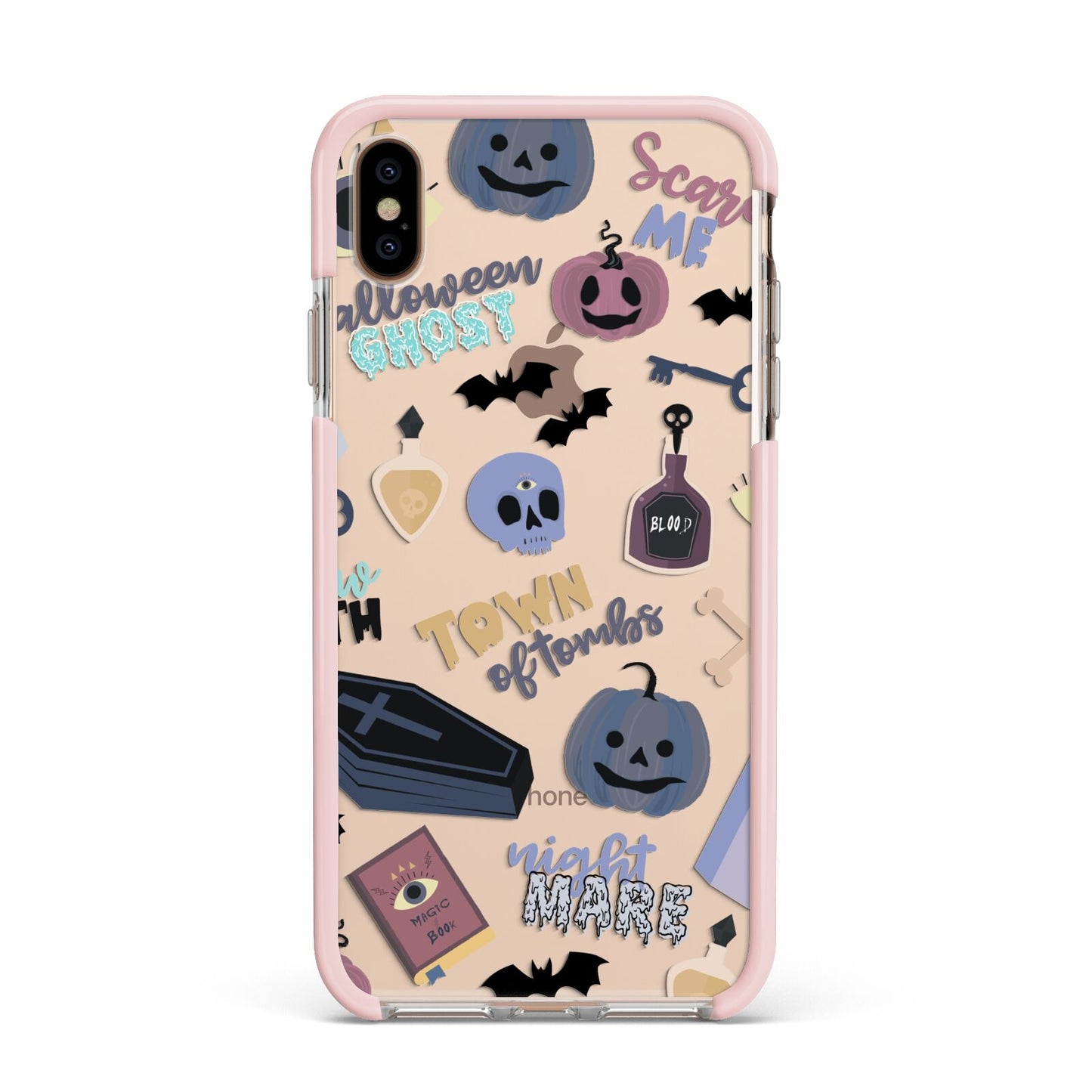 Spooky Blue Illustrations and Catchphrases Apple iPhone Xs Max Impact Case Pink Edge on Gold Phone