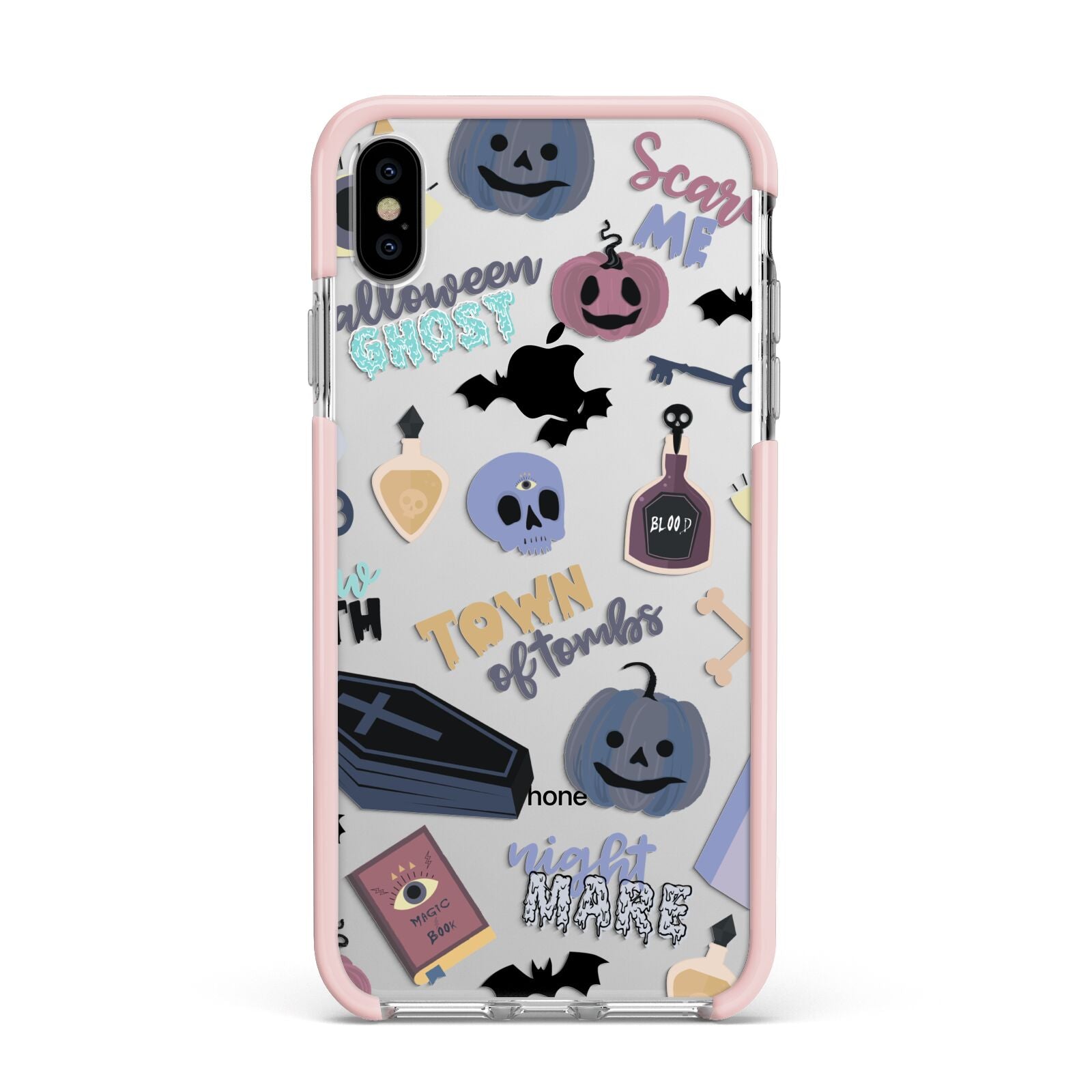 Spooky Blue Illustrations and Catchphrases Apple iPhone Xs Max Impact Case Pink Edge on Silver Phone