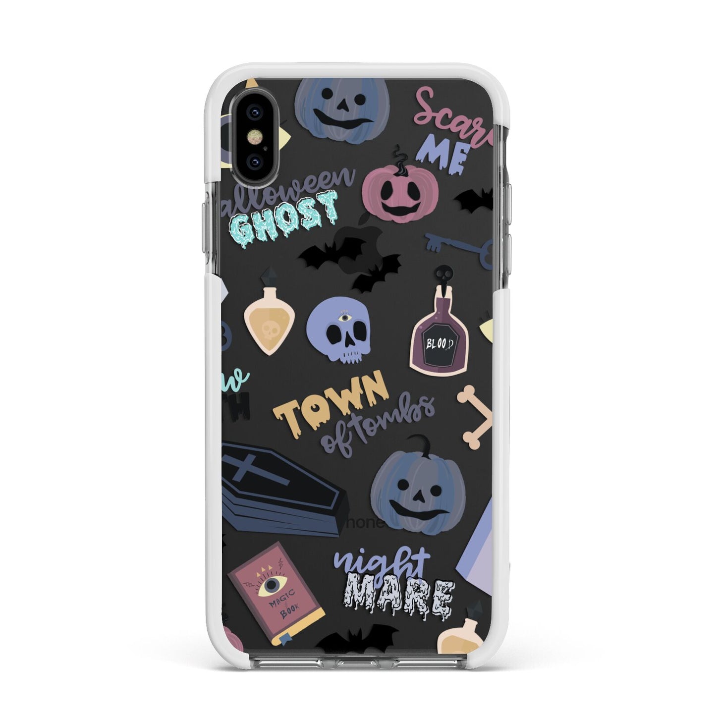 Spooky Blue Illustrations and Catchphrases Apple iPhone Xs Max Impact Case White Edge on Black Phone