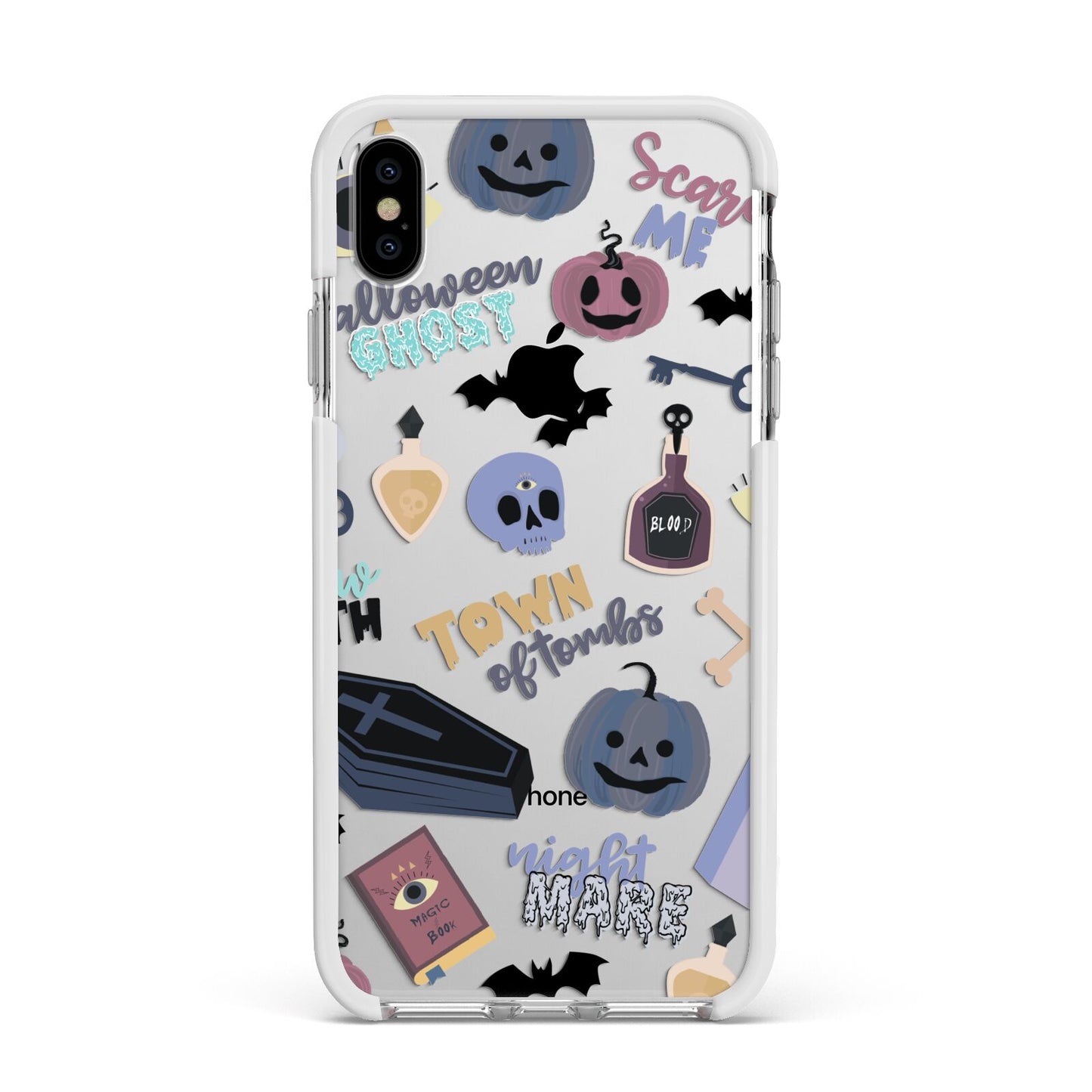 Spooky Blue Illustrations and Catchphrases Apple iPhone Xs Max Impact Case White Edge on Silver Phone