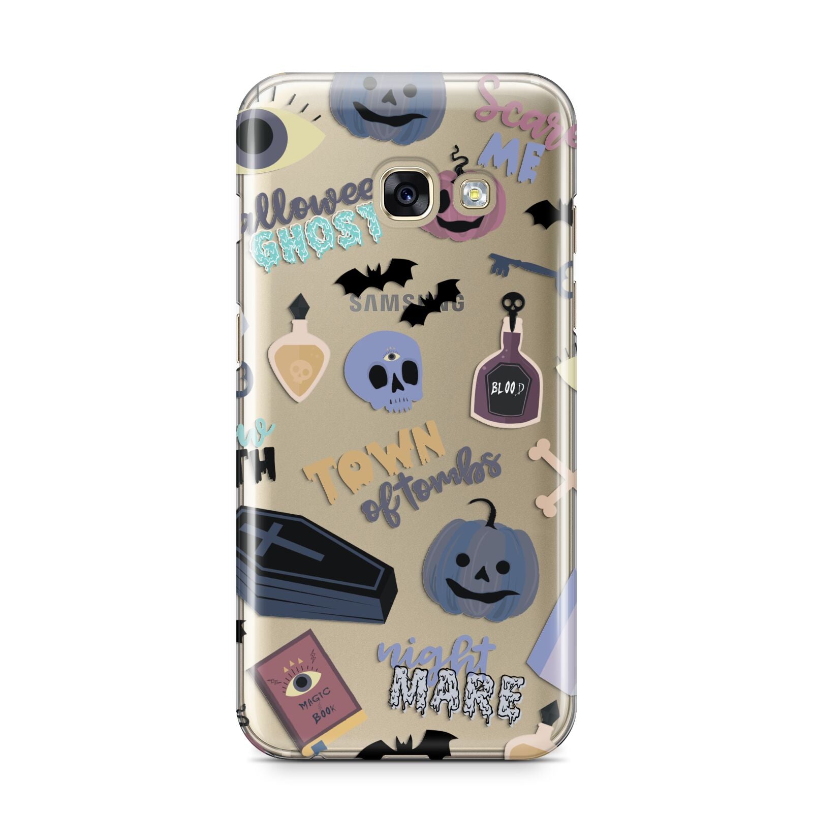 Spooky Blue Illustrations and Catchphrases Samsung Galaxy A3 2017 Case on gold phone