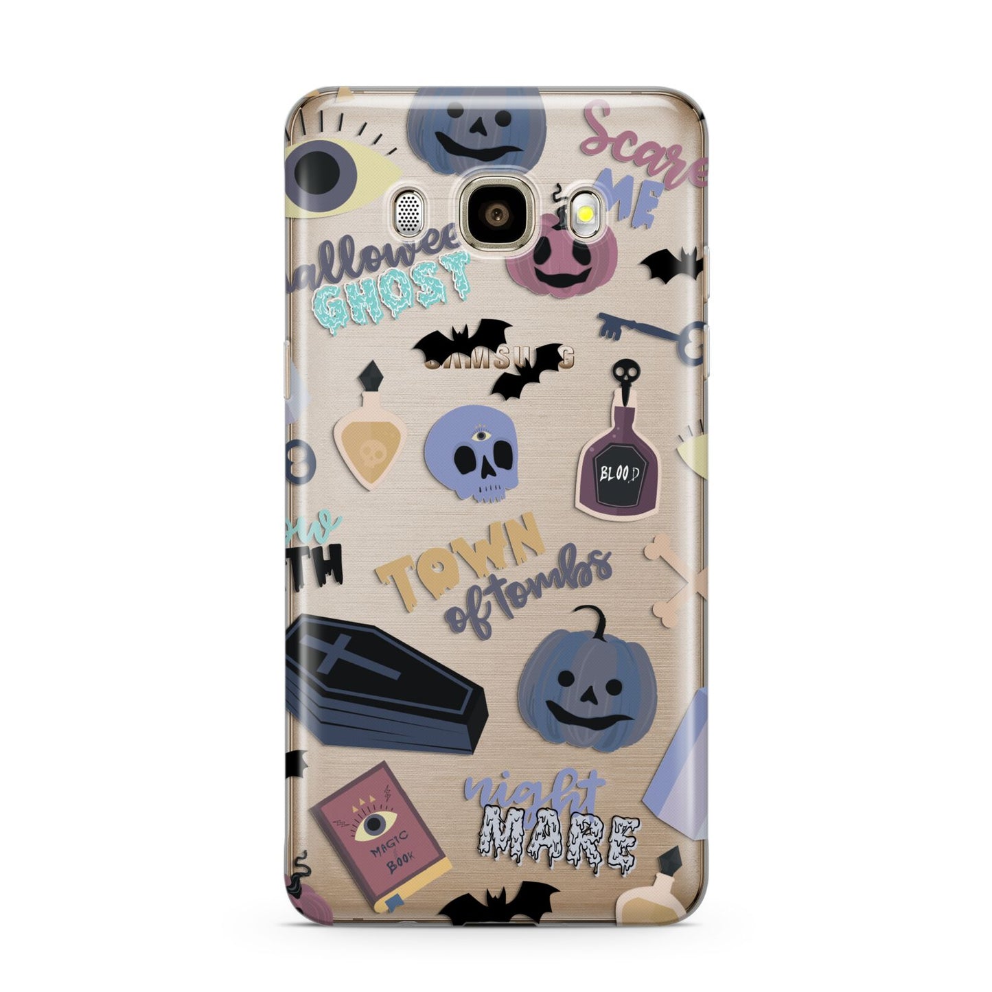 Spooky Blue Illustrations and Catchphrases Samsung Galaxy J7 2016 Case on gold phone