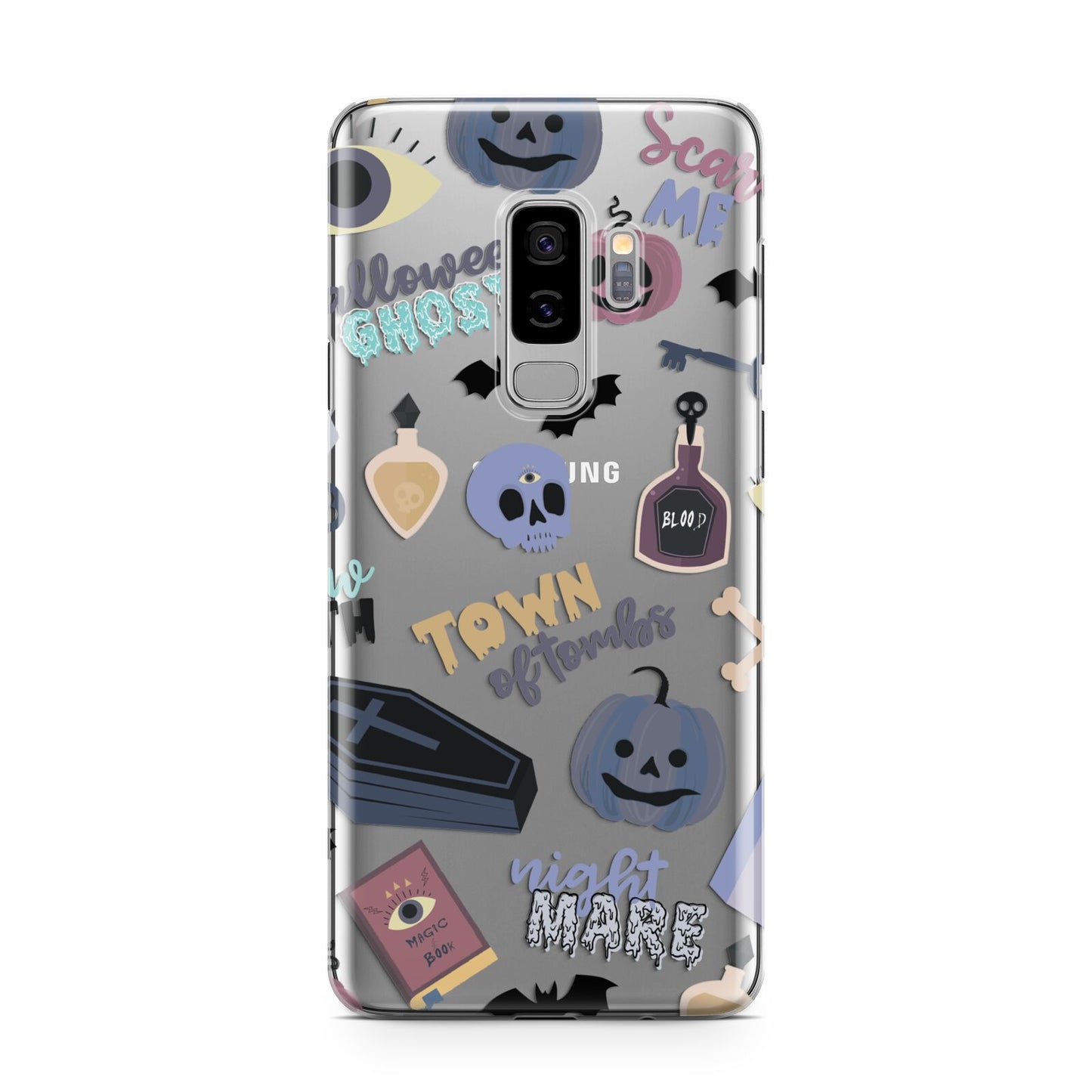 Spooky Blue Illustrations and Catchphrases Samsung Galaxy S9 Plus Case on Silver phone