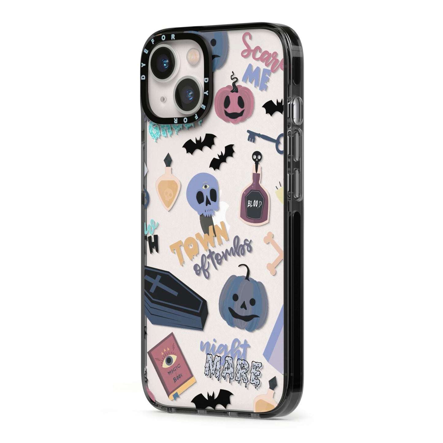 Spooky Blue Illustrations and Catchphrases iPhone 13 Black Impact Case Side Angle on Silver phone