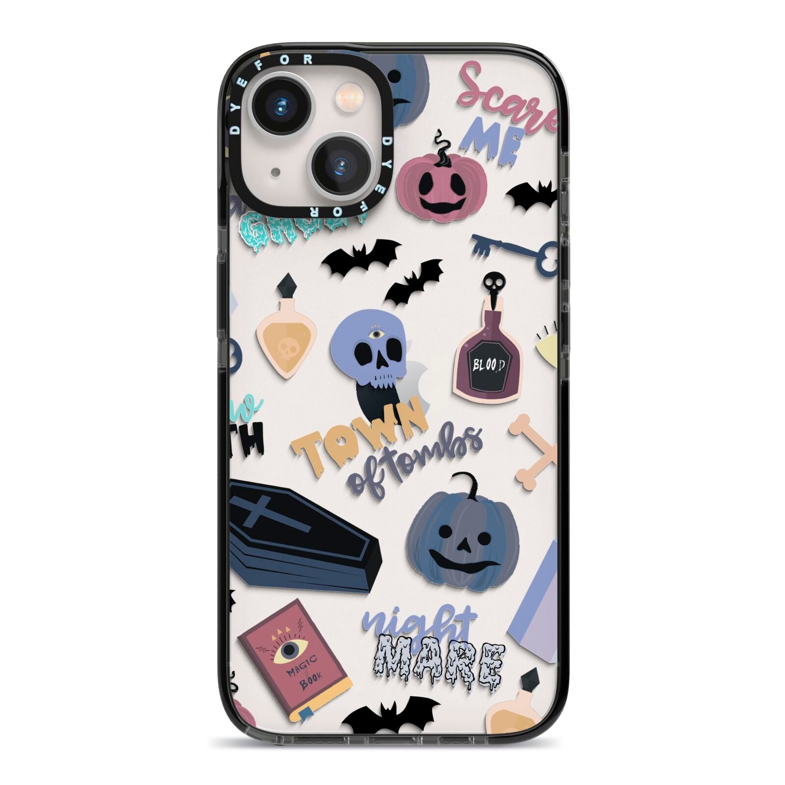 Spooky Blue Illustrations and Catchphrases iPhone 13 Black Impact Case on Silver phone