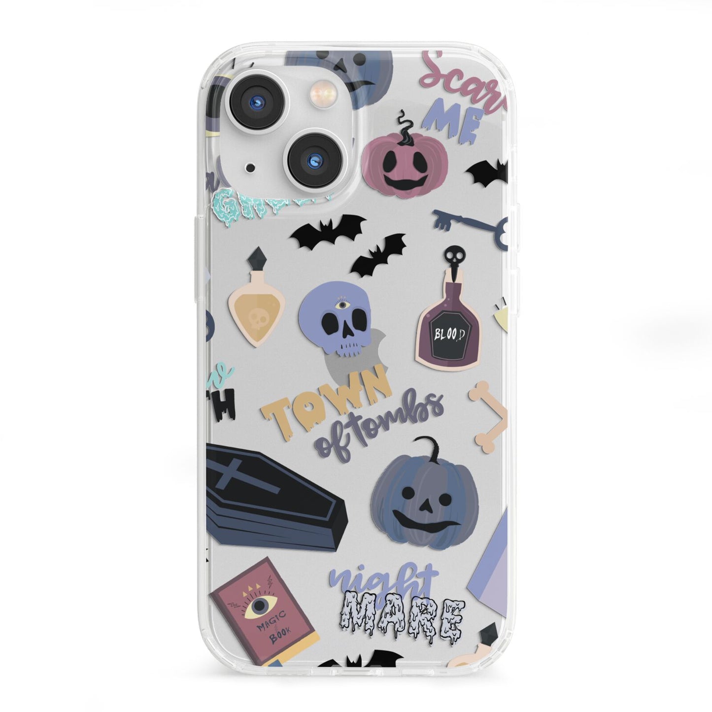 Spooky Blue Illustrations and Catchphrases iPhone 13 Mini Clear Bumper Case