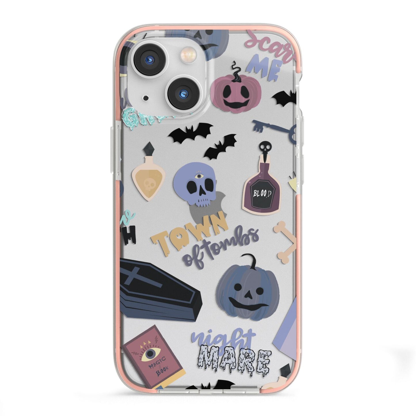 Spooky Blue Illustrations and Catchphrases iPhone 13 Mini TPU Impact Case with Pink Edges