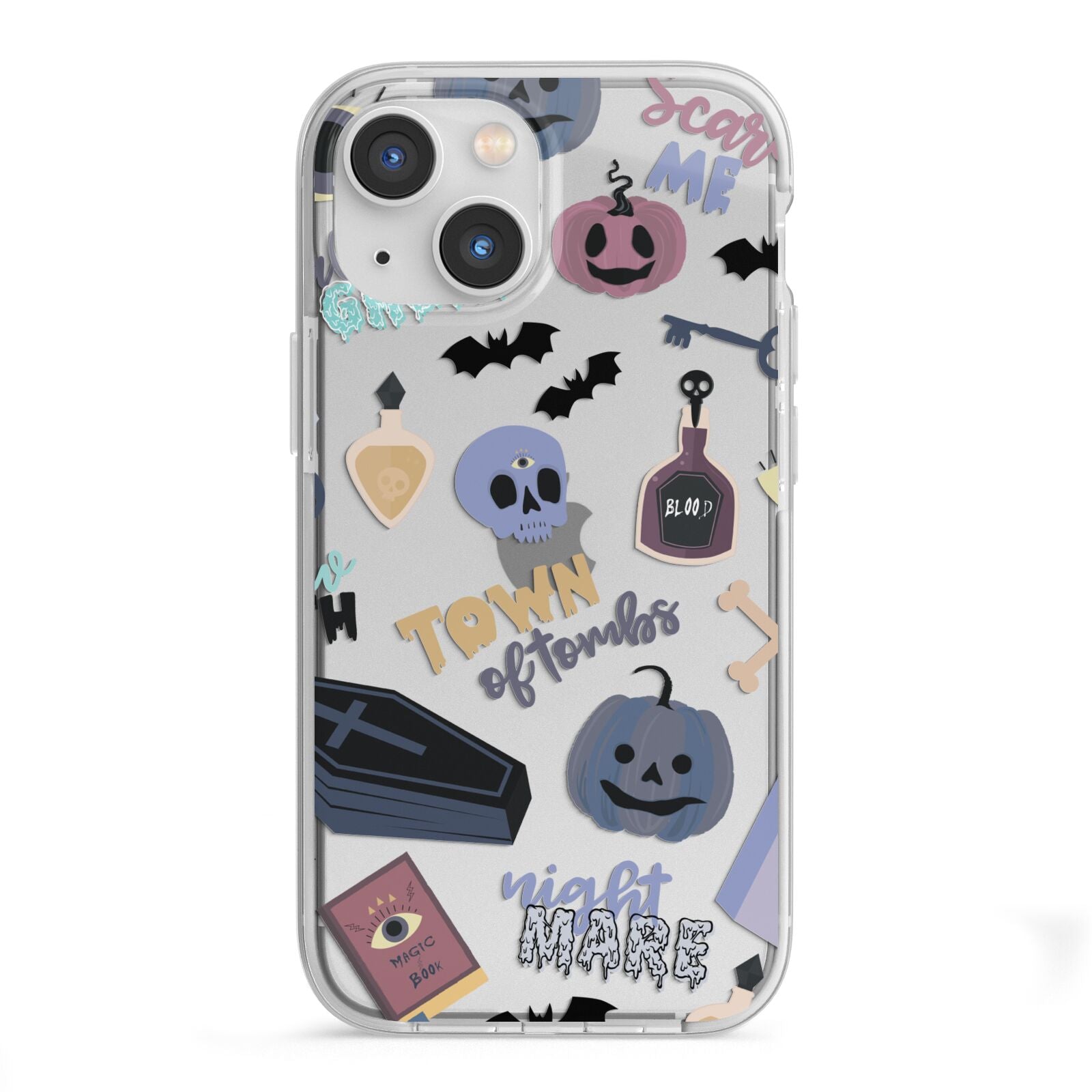 Spooky Blue Illustrations and Catchphrases iPhone 13 Mini TPU Impact Case with White Edges