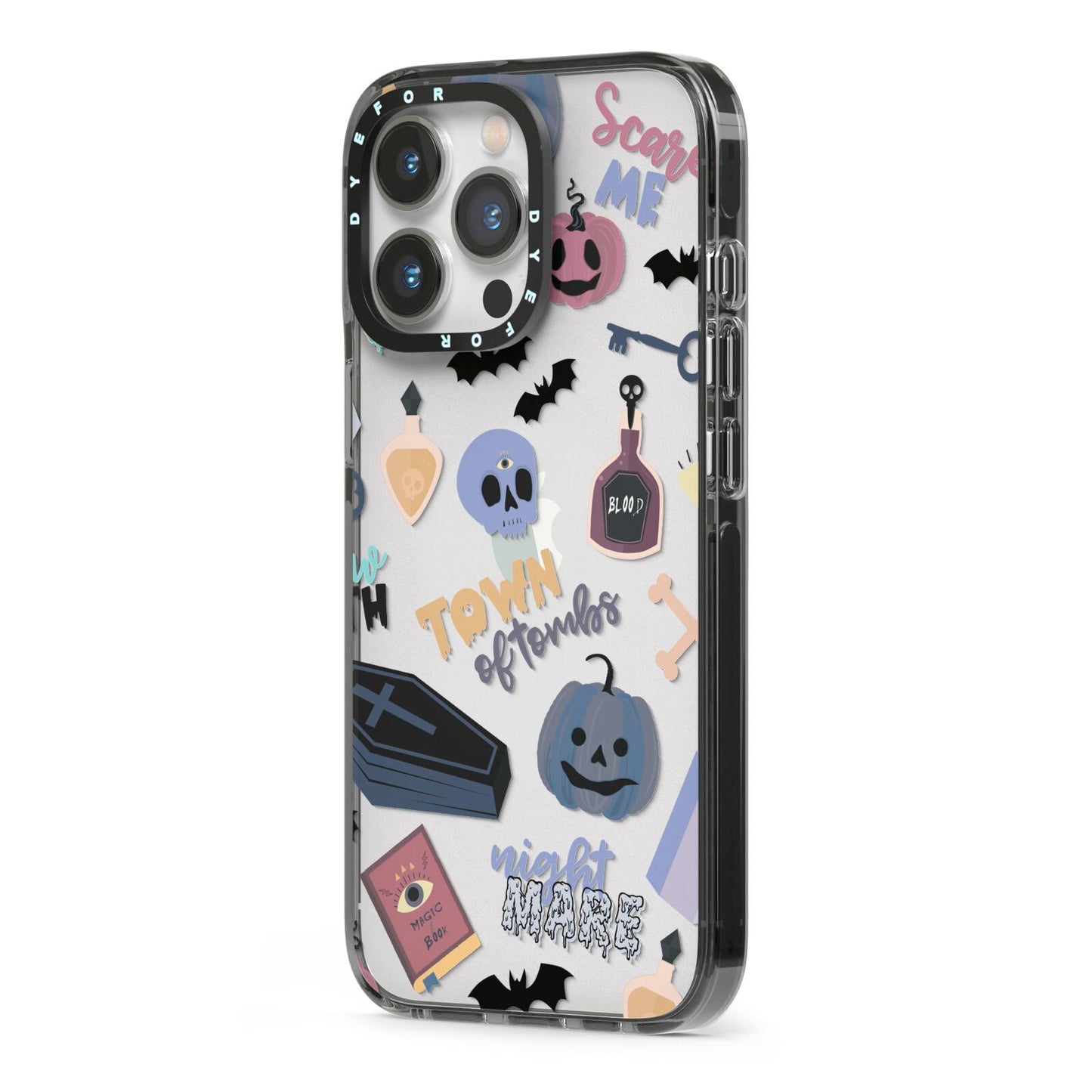 Spooky Blue Illustrations and Catchphrases iPhone 13 Pro Black Impact Case Side Angle on Silver phone