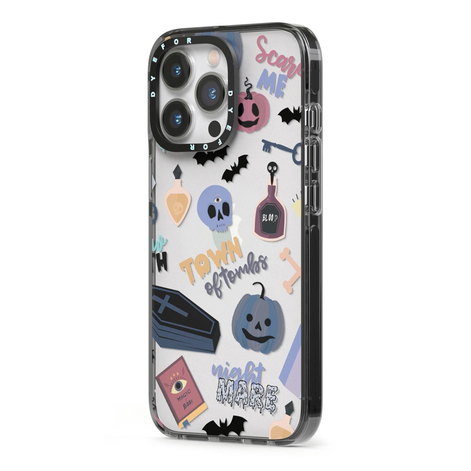 Spooky Blue Illustrations and Catchphrases iPhone 13 Pro Black Impact Case Side Angle on Silver phone