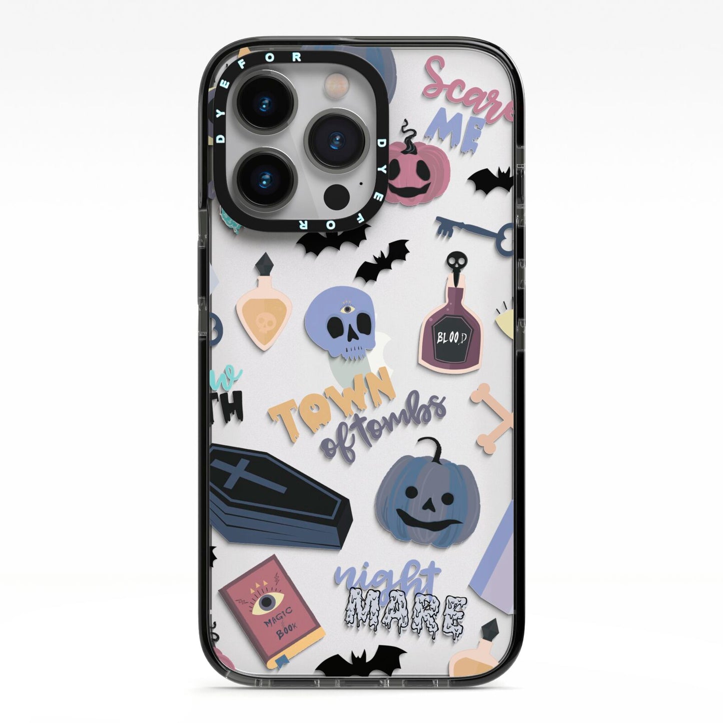 Spooky Blue Illustrations and Catchphrases iPhone 13 Pro Black Impact Case on Silver phone