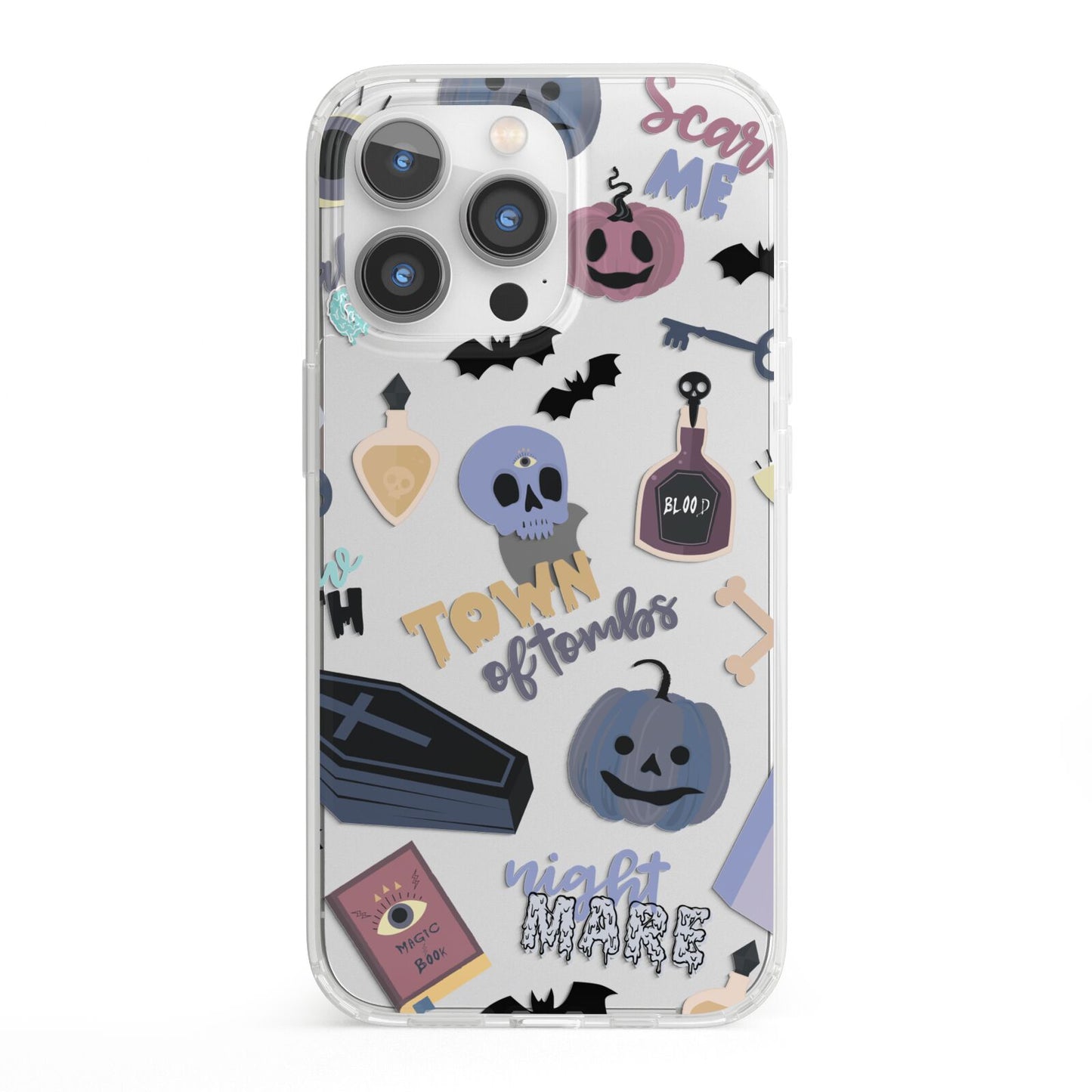 Spooky Blue Illustrations and Catchphrases iPhone 13 Pro Clear Bumper Case