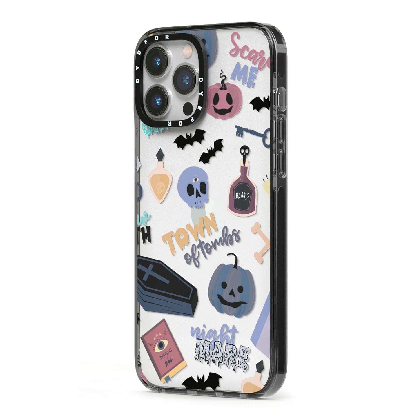 Spooky Blue Illustrations and Catchphrases iPhone 13 Pro Max Black Impact Case Side Angle on Silver phone