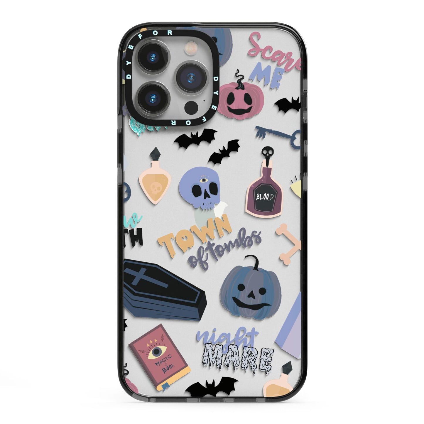 Spooky Blue Illustrations and Catchphrases iPhone 13 Pro Max Black Impact Case on Silver phone